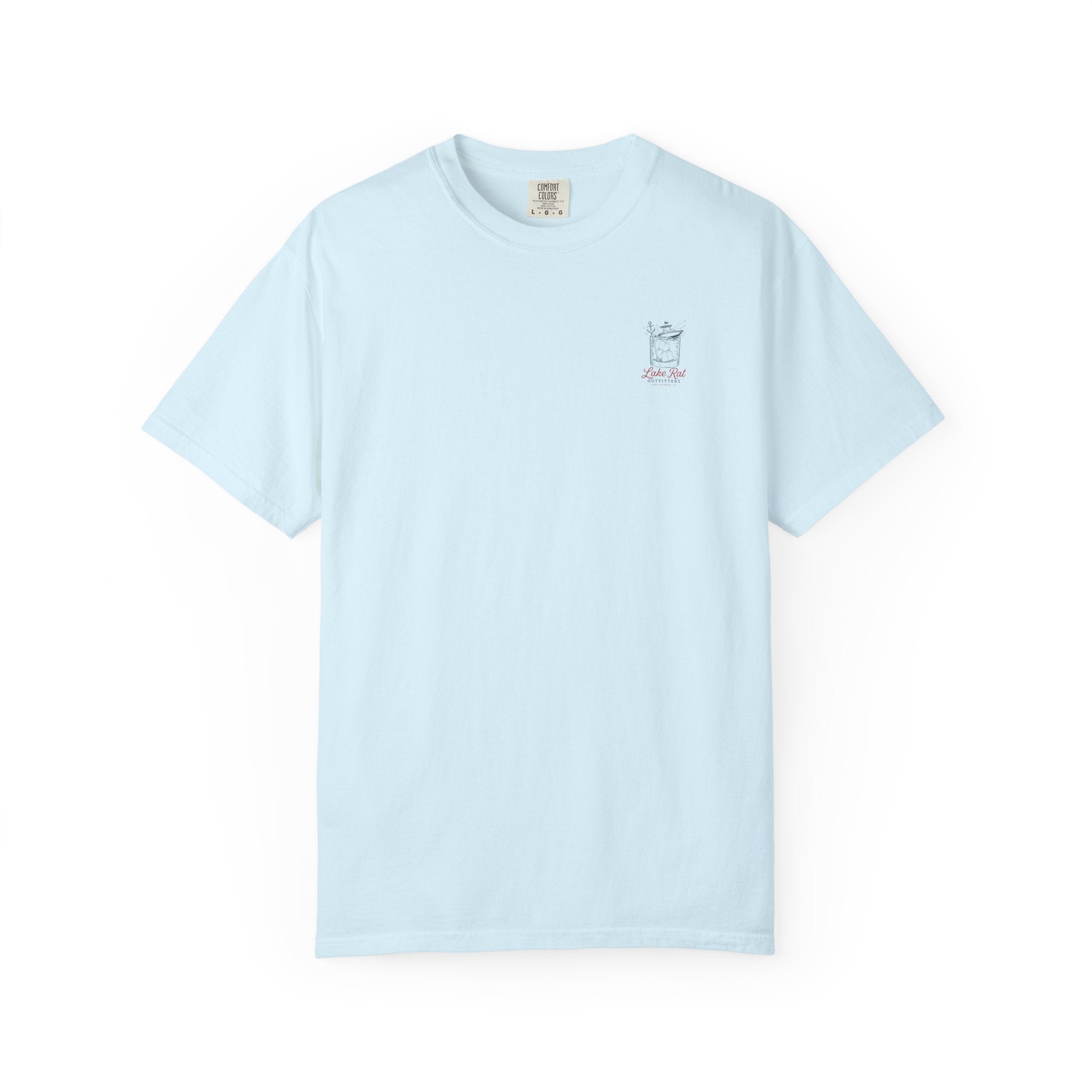 Lake Rat Outfitters T-Shirt — Nautical Boat Over Whiskey Glass Back Graphic