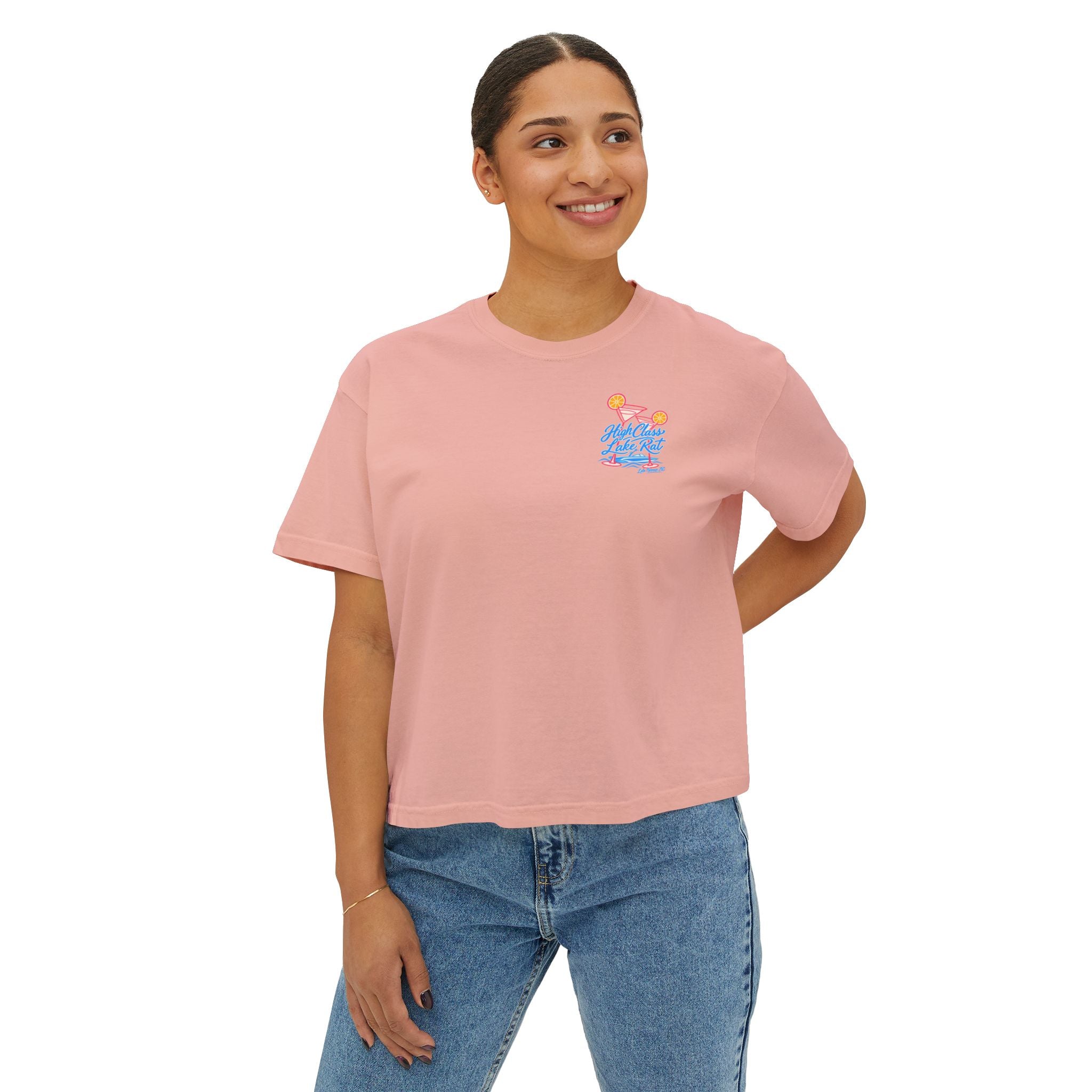 High Class Lake Rat Boxy Tee — Women's Crop T‑Shirt with Cocktail Lake Graphic