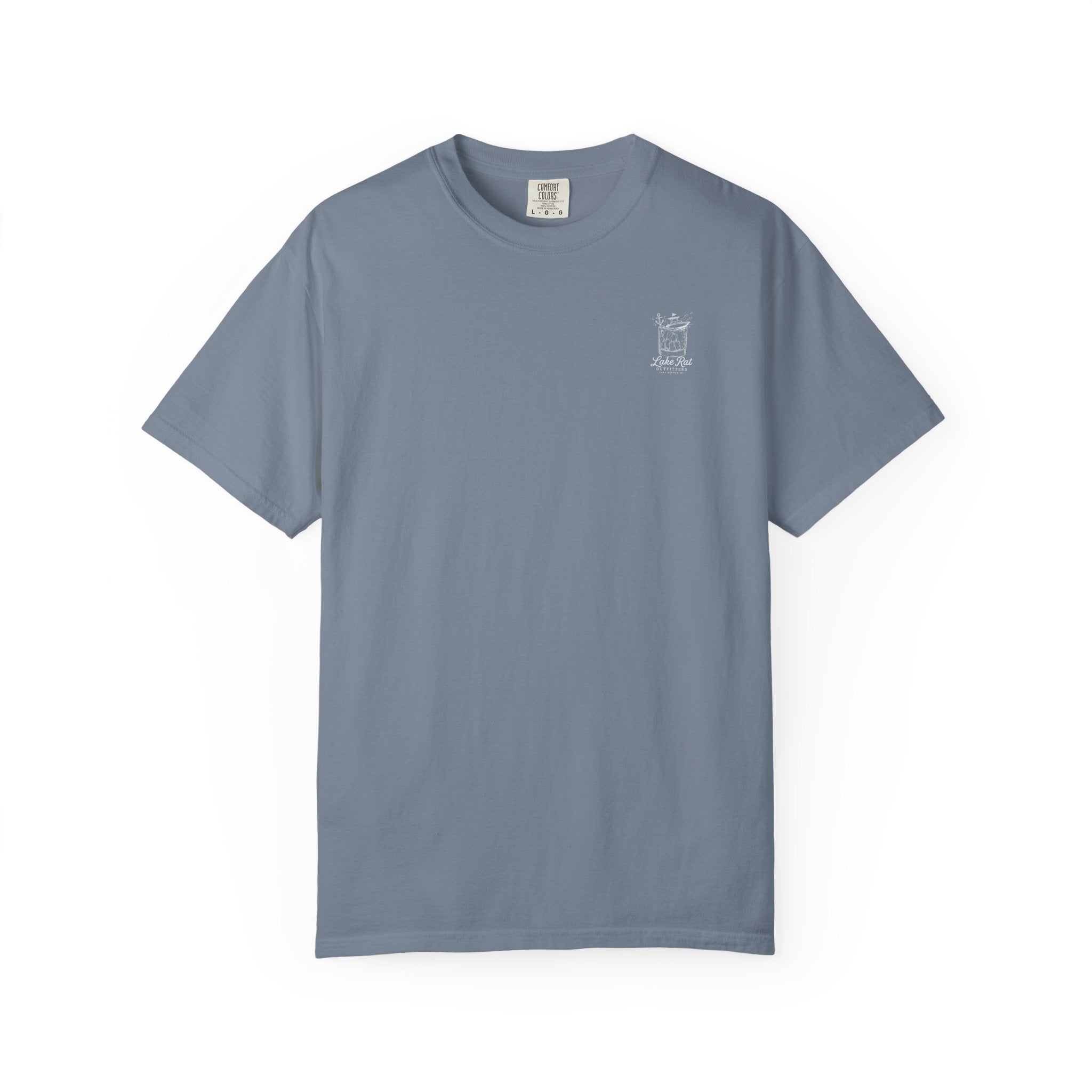 Lake Rat Outfitters T-Shirt — Nautical Boat Over Whiskey Glass Back Graphic