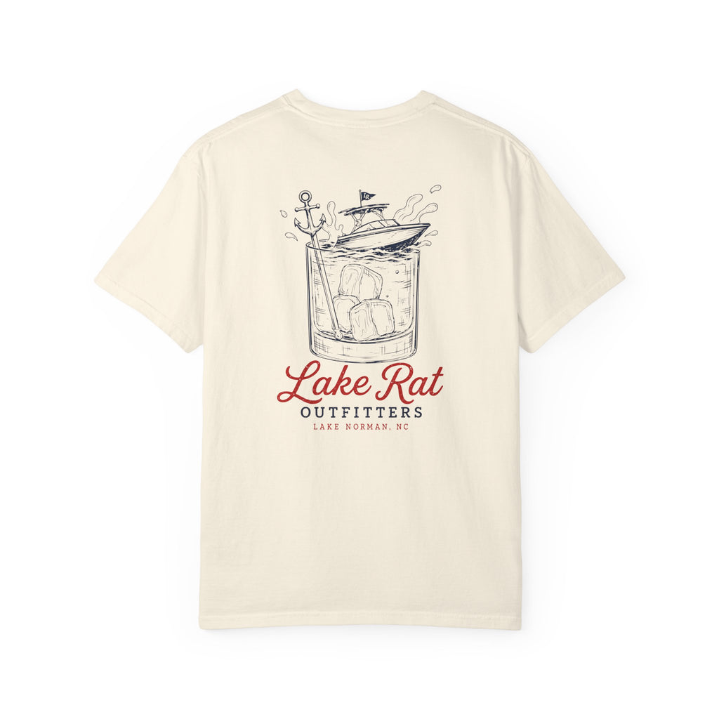 Lake Rat Outfitters T-Shirt — Nautical Boat Over Whiskey Glass Back Graphic