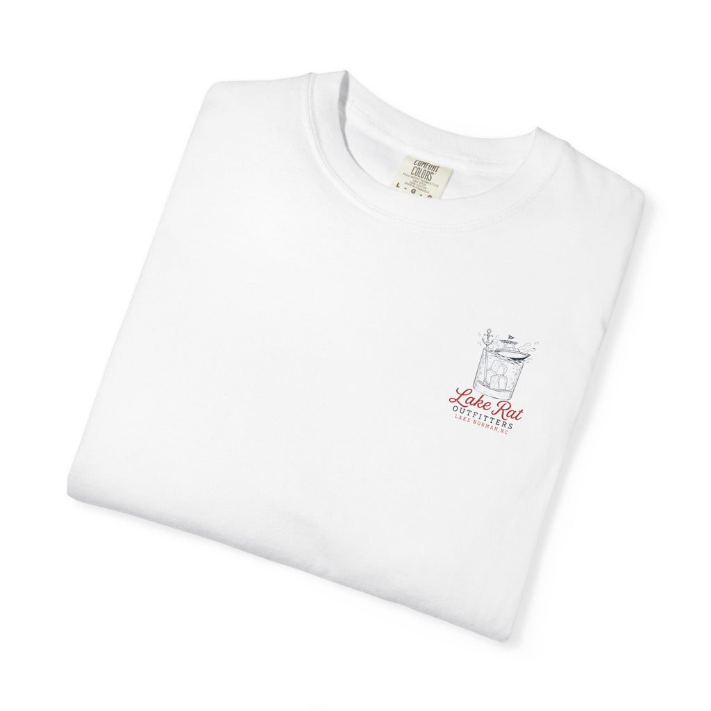 Lake Rat Outfitters T-Shirt — Nautical Boat Over Whiskey Glass Back Graphic