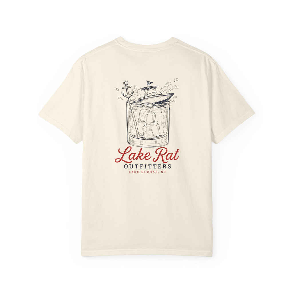 Lake Rat Outfitters T-Shirt — Nautical Boat Over Whiskey Glass Back Graphic