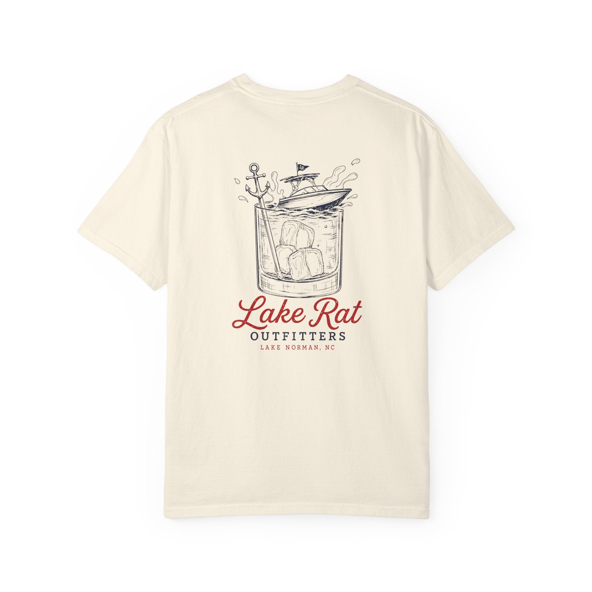 Lake Rat Outfitters T-Shirt — Nautical Boat Over Whiskey Glass Back Graphic