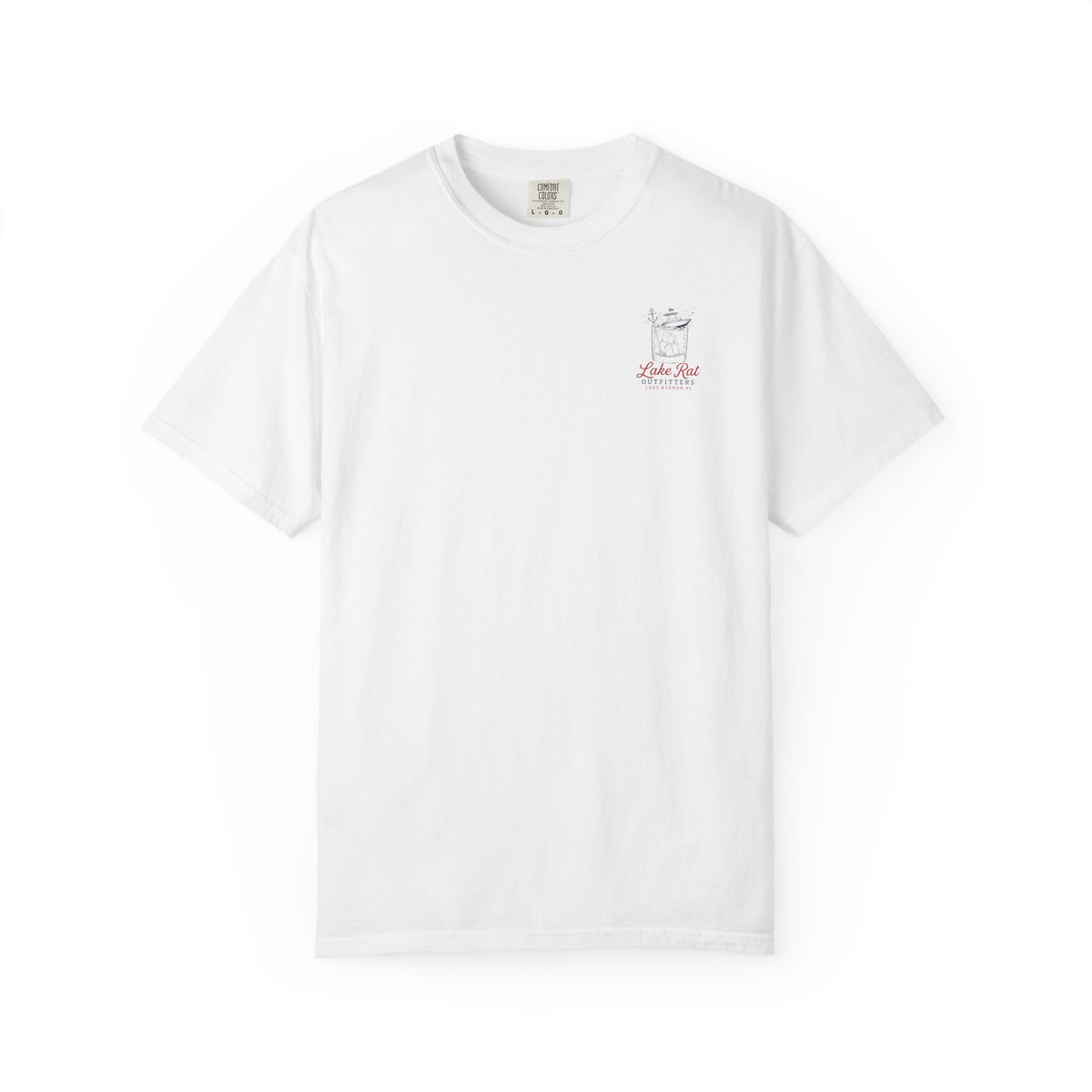 Lake Rat Outfitters T-Shirt — Nautical Boat Over Whiskey Glass Back Graphic