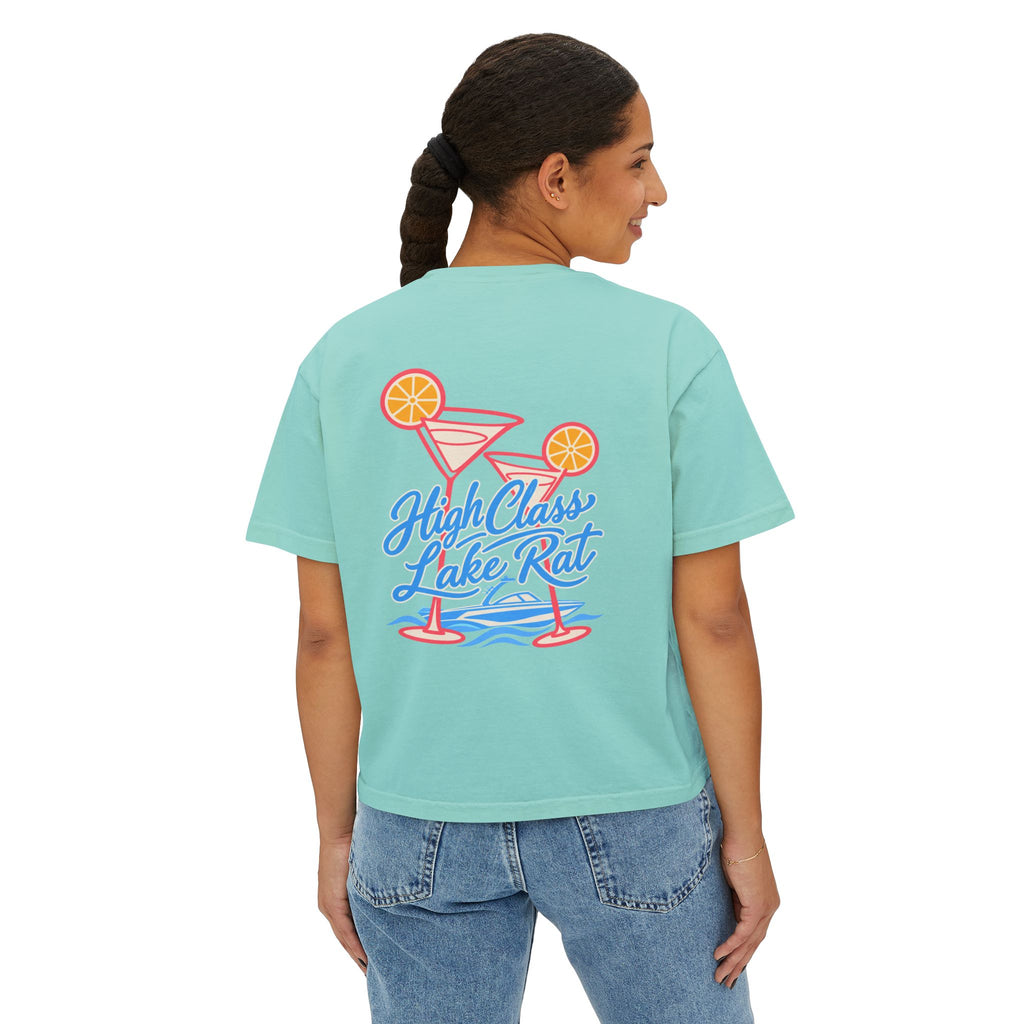 High Class Lake Rat Boxy Tee — Women's Crop T‑Shirt with Cocktail Lake Graphic