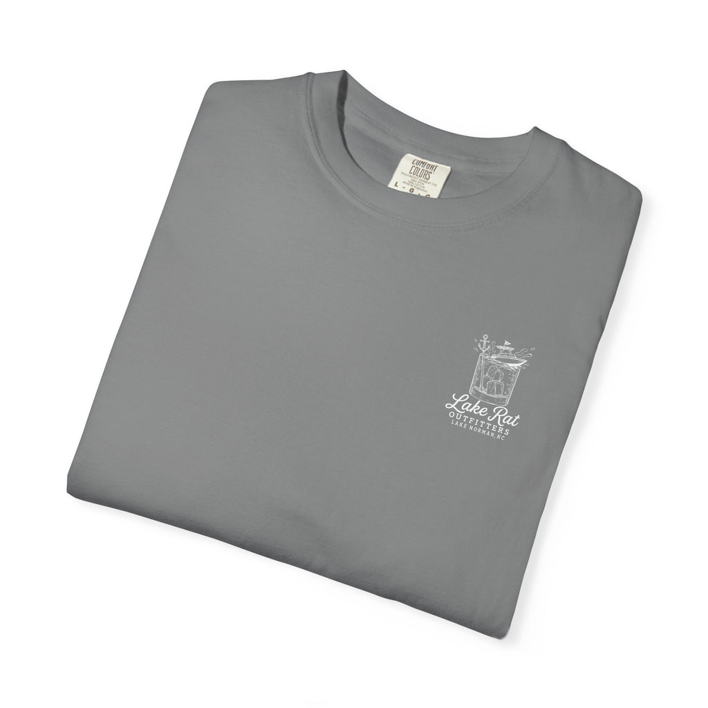 Lake Rat Outfitters T-Shirt — Nautical Boat Over Whiskey Glass Back Graphic