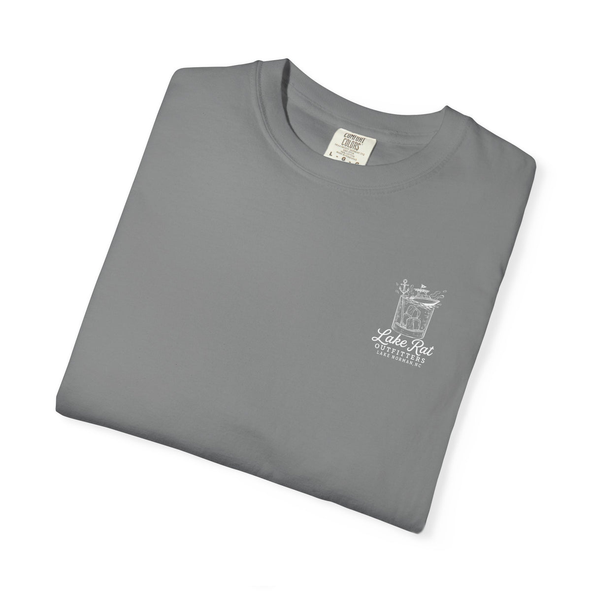 Lake Rat Outfitters T-Shirt — Nautical Boat Over Whiskey Glass Back Graphic