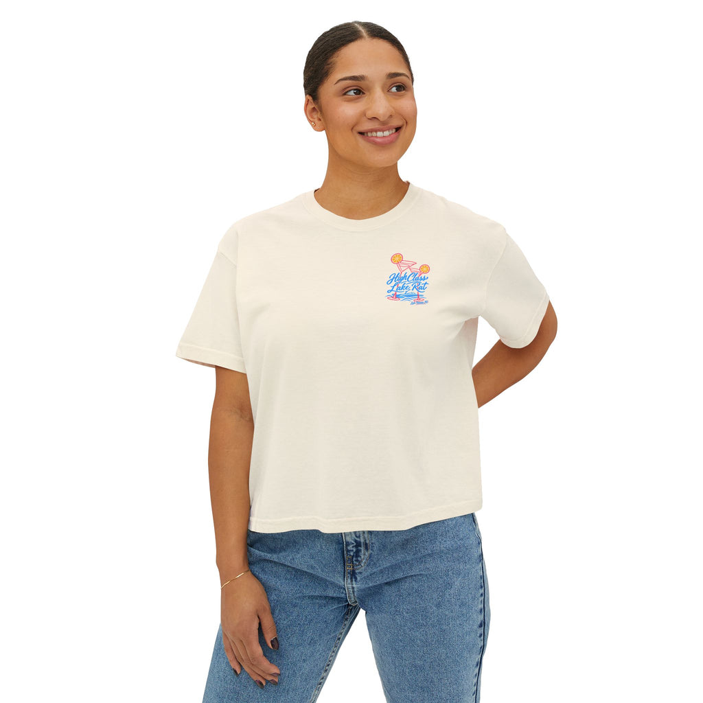 High Class Lake Rat Boxy Tee — Women's Crop T‑Shirt with Cocktail Lake Graphic