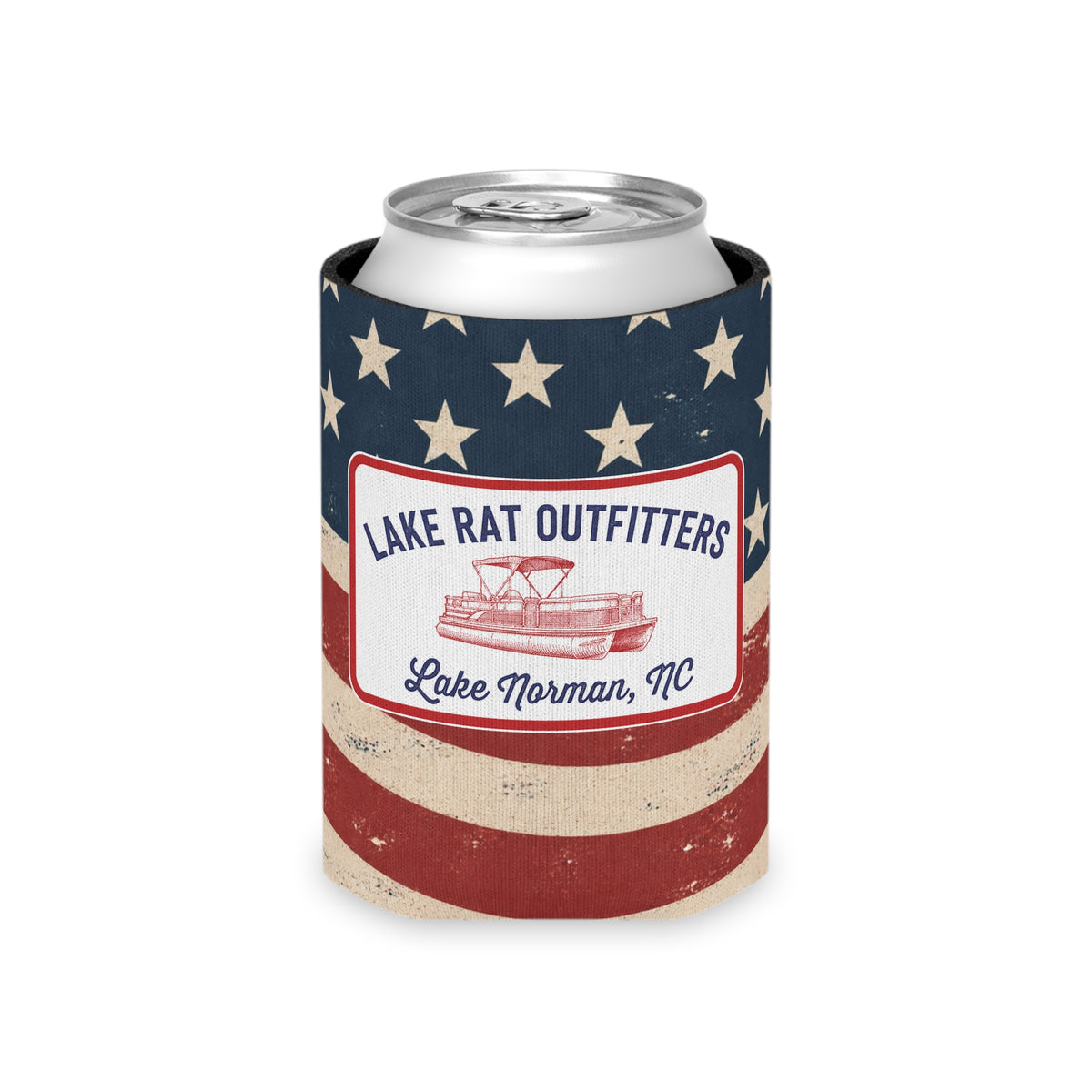 Lake Rat Outfitters Can Cooler — American Flag Boat Koozie (Lake Norman, NC)