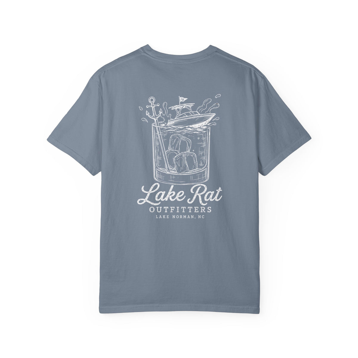 Lake Rat Outfitters T-Shirt — Nautical Boat Over Whiskey Glass Back Graphic