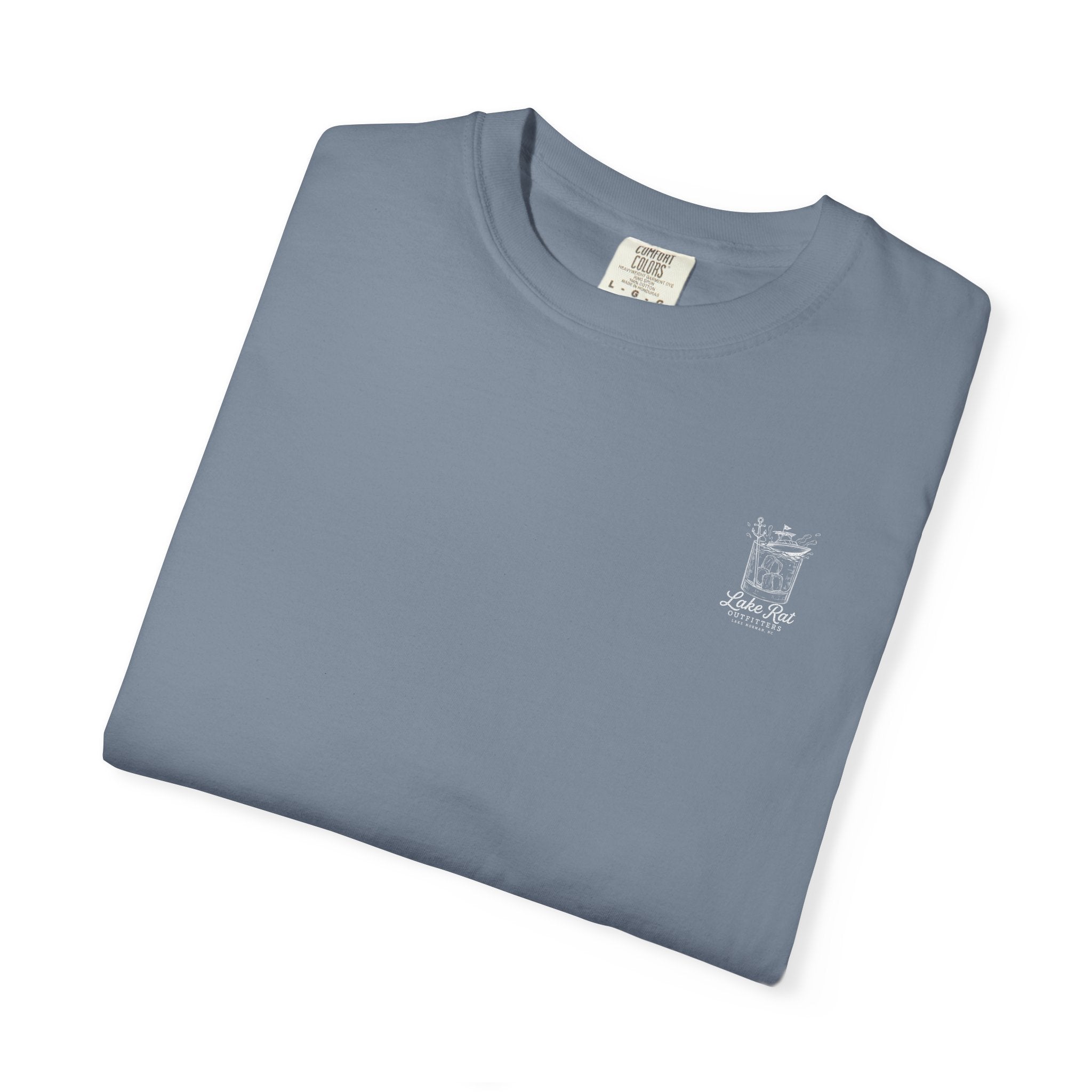Lake Rat Outfitters T-Shirt — Nautical Boat Over Whiskey Glass Back Graphic