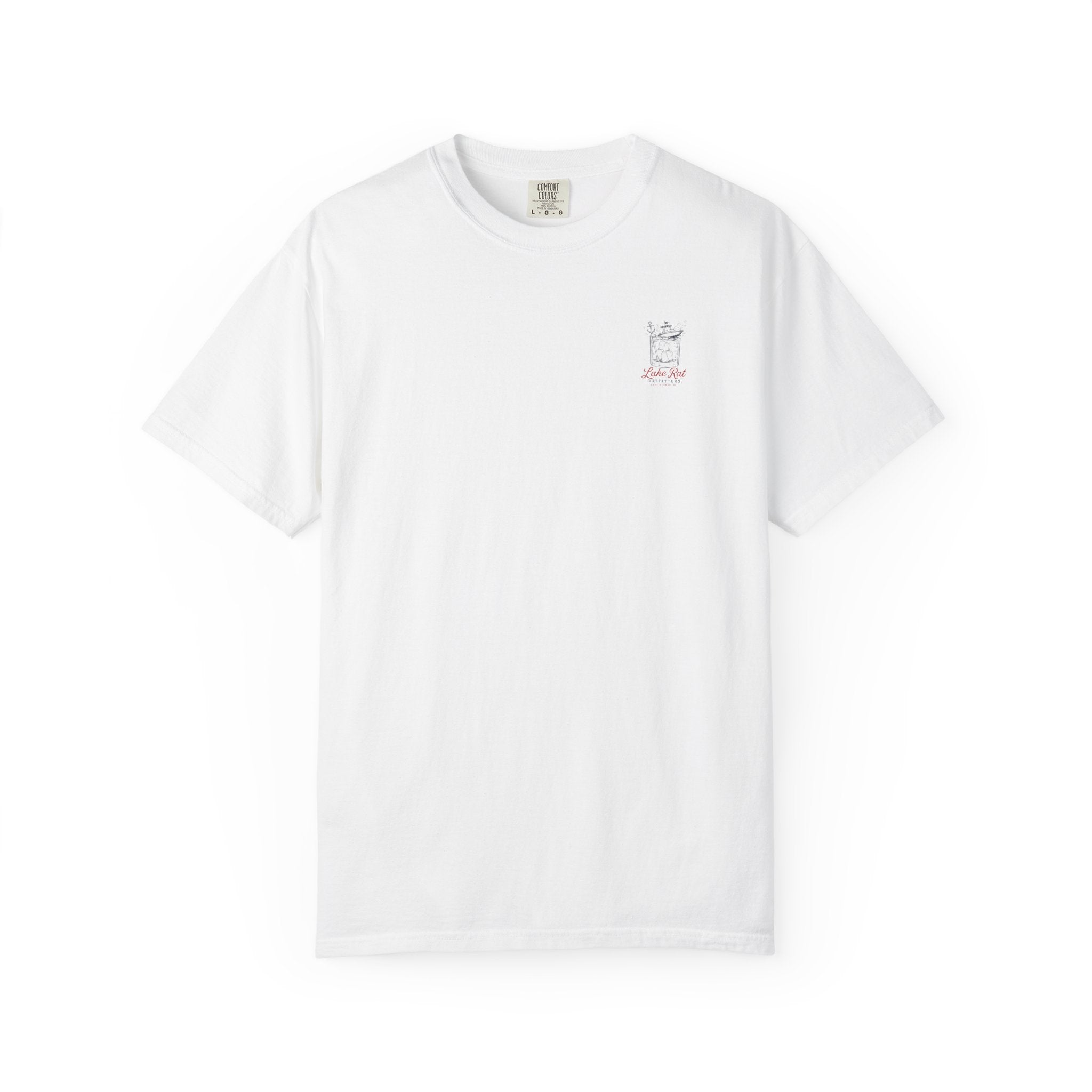 Lake Rat Outfitters T-Shirt — Nautical Boat Over Whiskey Glass Back Graphic