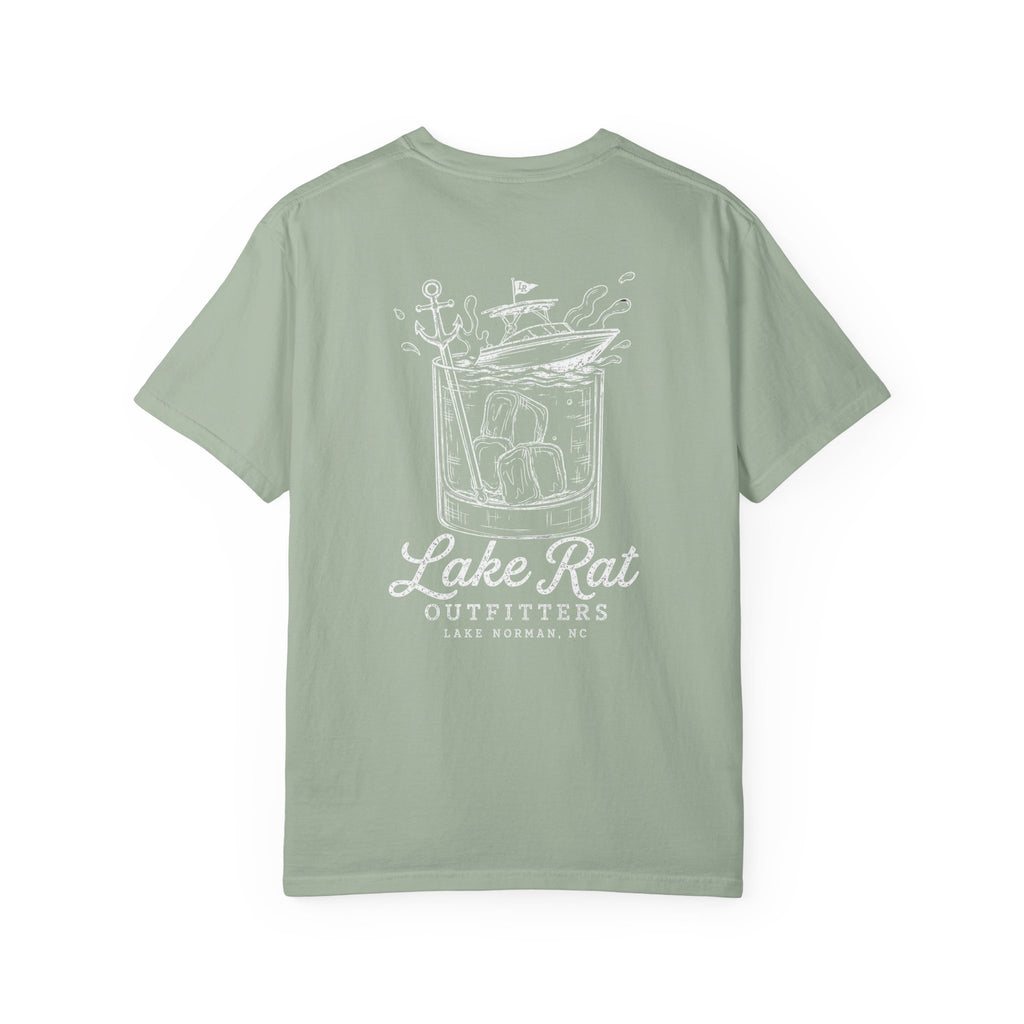 Lake Rat Outfitters T-Shirt — Nautical Boat Over Whiskey Glass Back Graphic