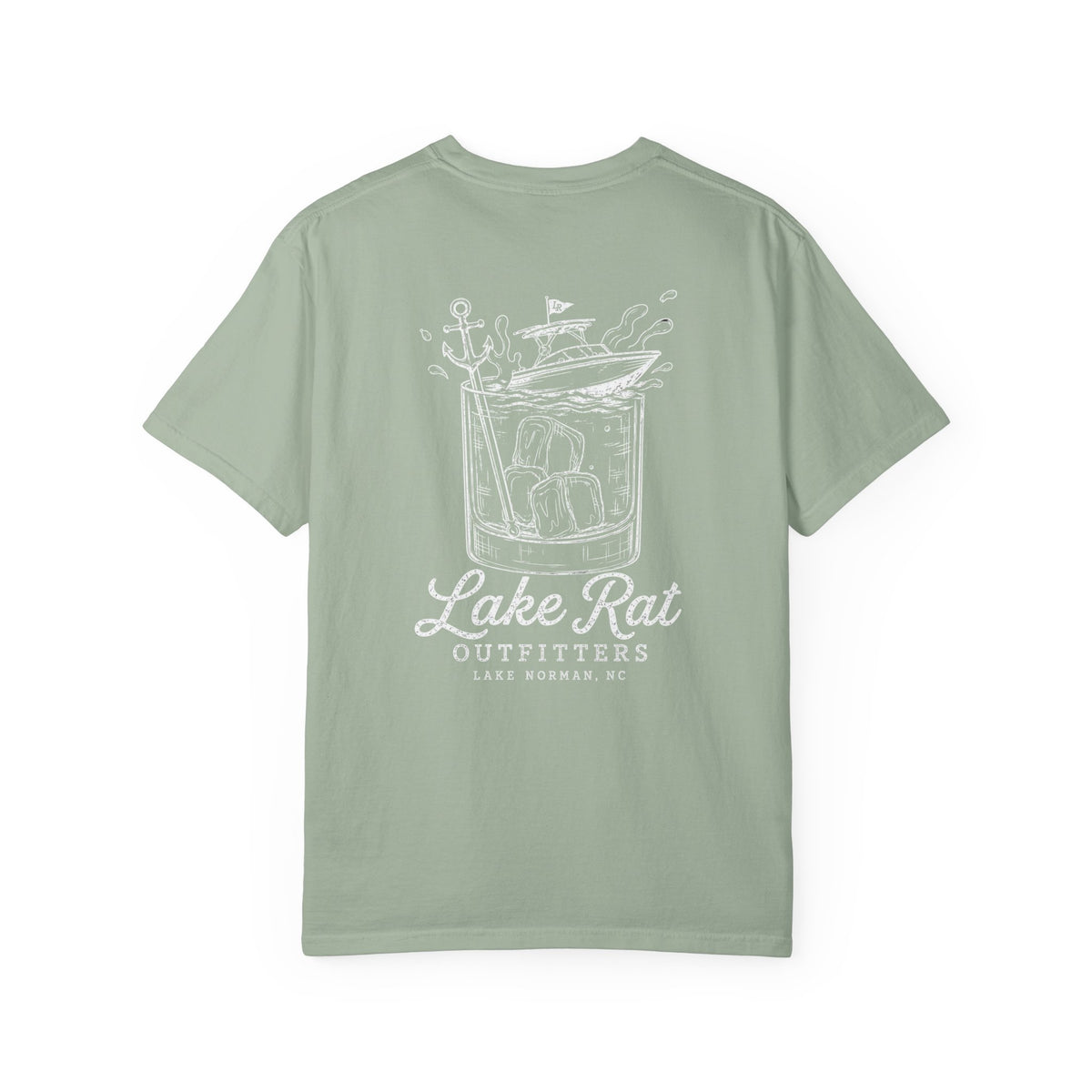 Lake Rat Outfitters T-Shirt — Nautical Boat Over Whiskey Glass Back Graphic