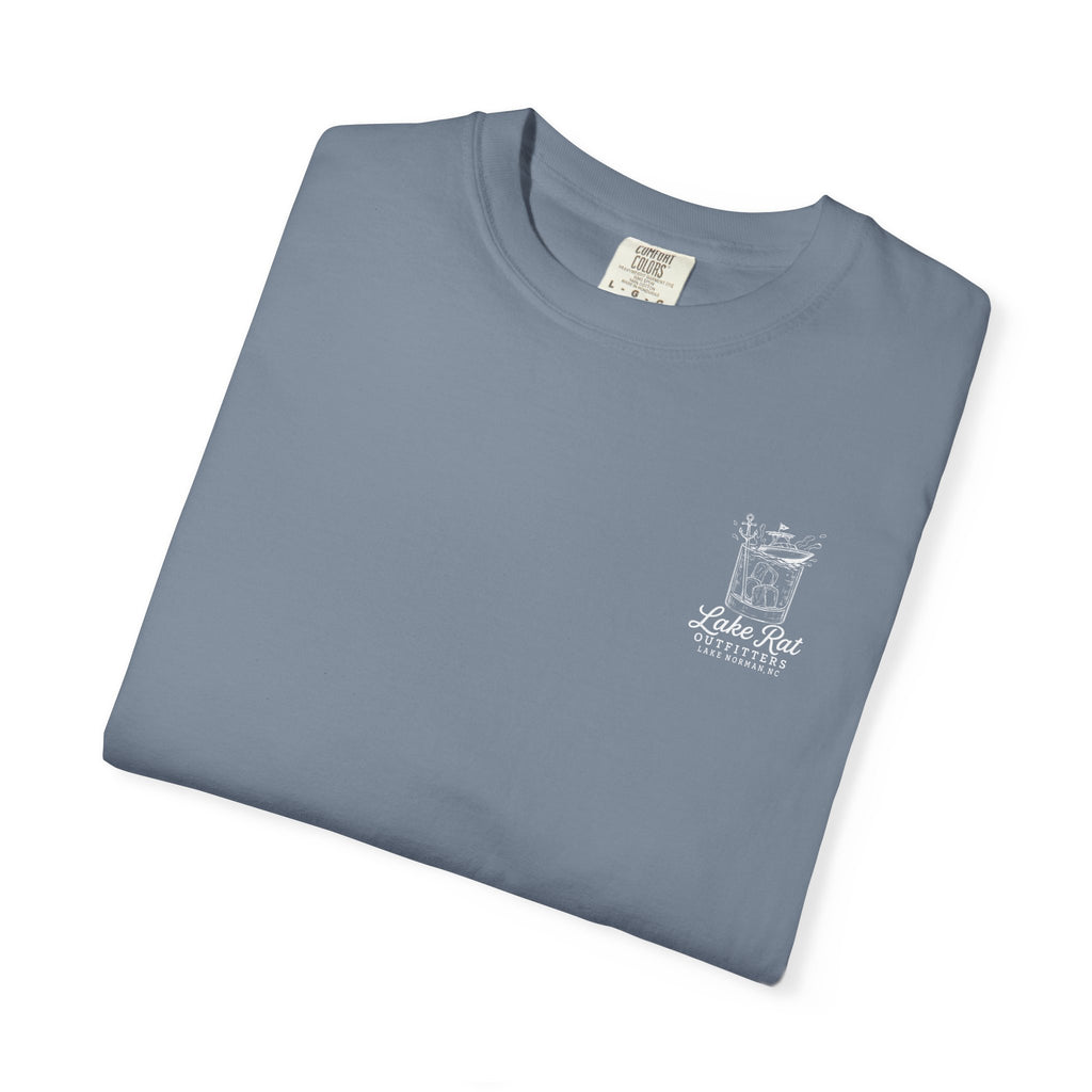 Lake Rat Outfitters T-Shirt — Nautical Boat Over Whiskey Glass Back Graphic