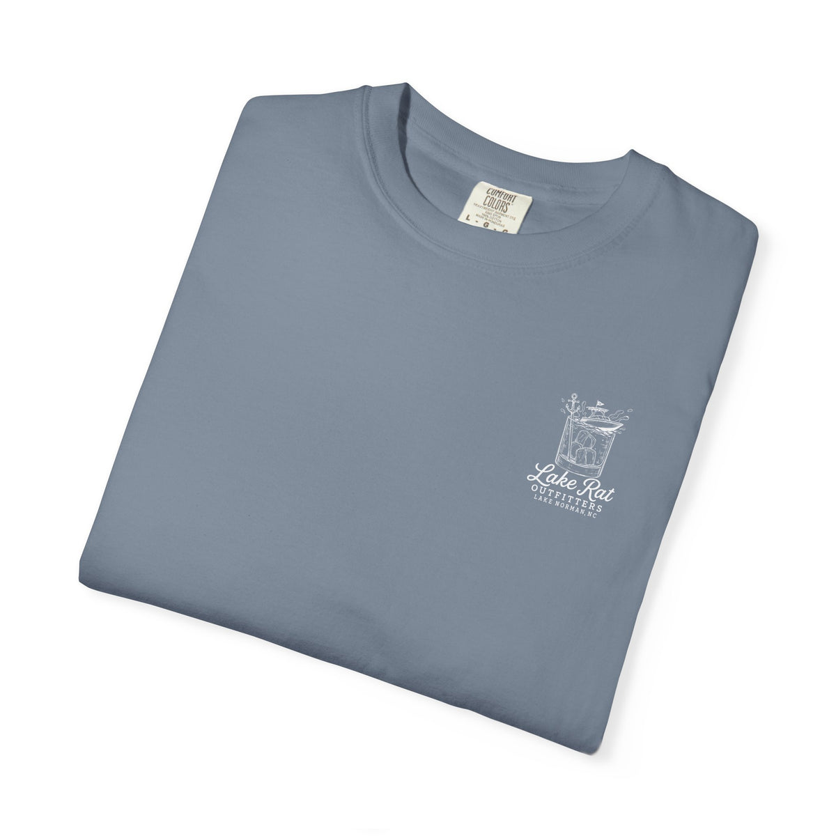 Lake Rat Outfitters T-Shirt — Nautical Boat Over Whiskey Glass Back Graphic