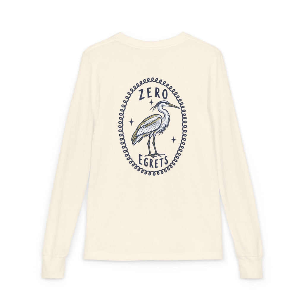 Youth Long Sleeve Tee — "Zero Egrets" Heron Graphic