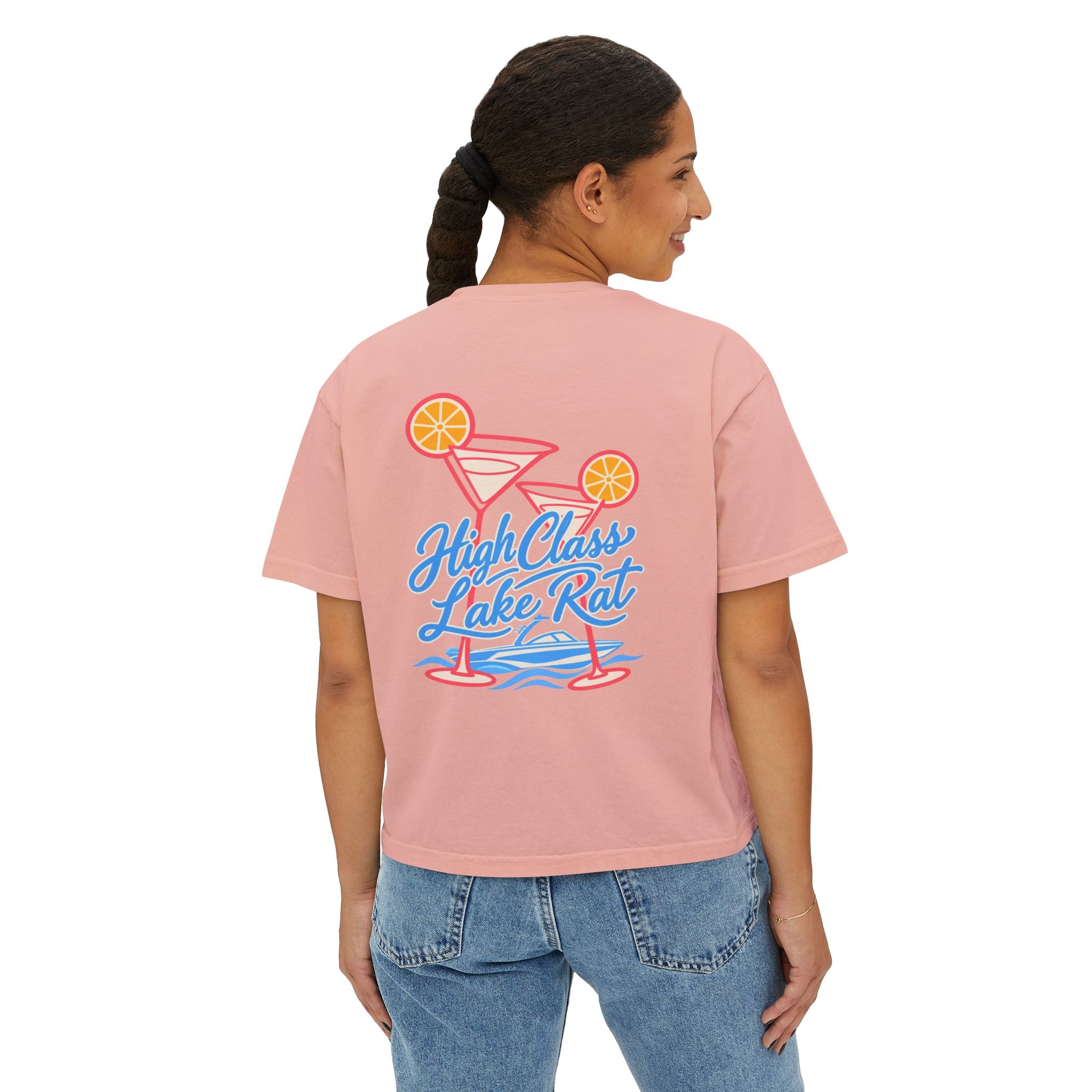 High Class Lake Rat Boxy Tee — Women's Crop T‑Shirt with Cocktail Lake Graphic