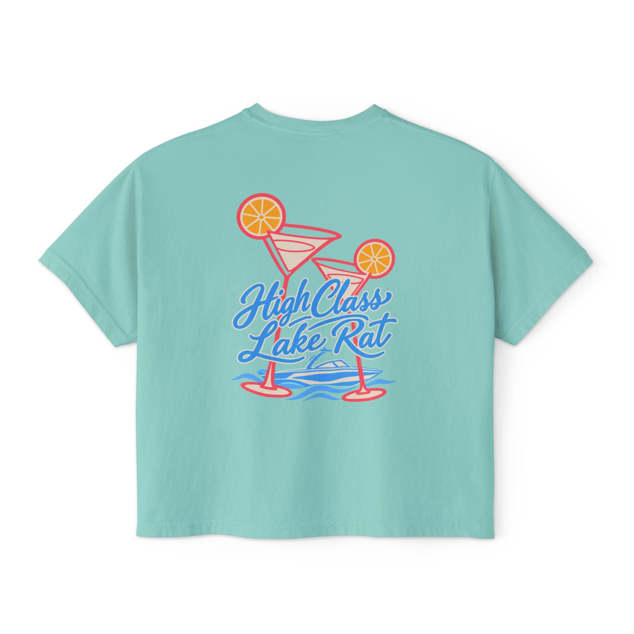 High Class Lake Rat Boxy Tee — Women's Crop T‑Shirt with Cocktail Lake Graphic