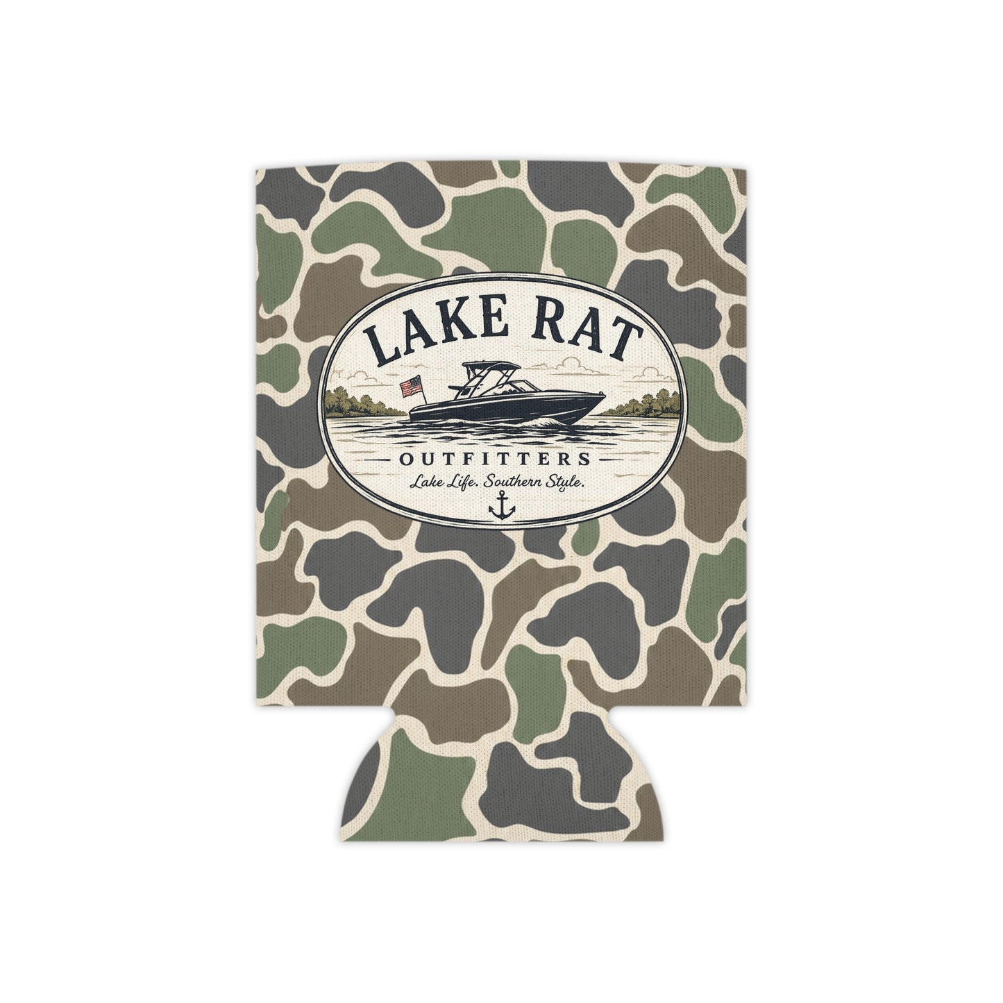 Lake Rat Can Cooler — Camo Boat Logo Beverage Koozie