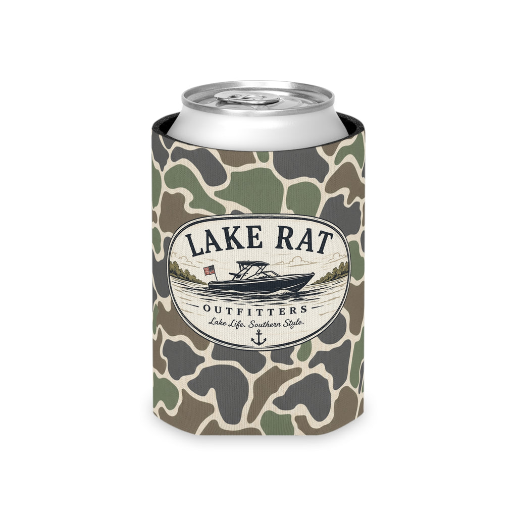 Lake Rat Can Cooler — Camo Boat Logo Beverage Koozie