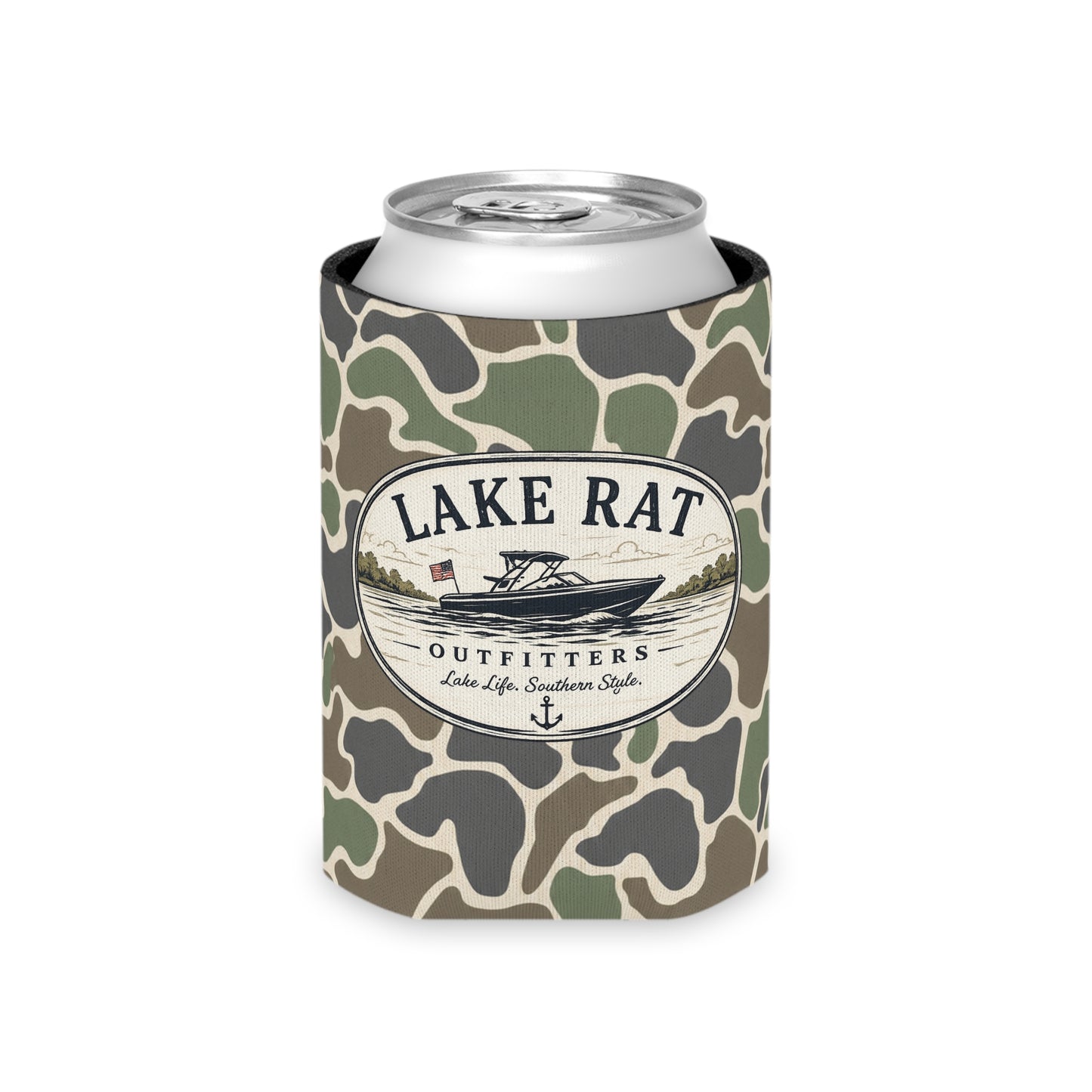 Lake Rat Can Cooler — Camo Boat Logo Beverage Koozie