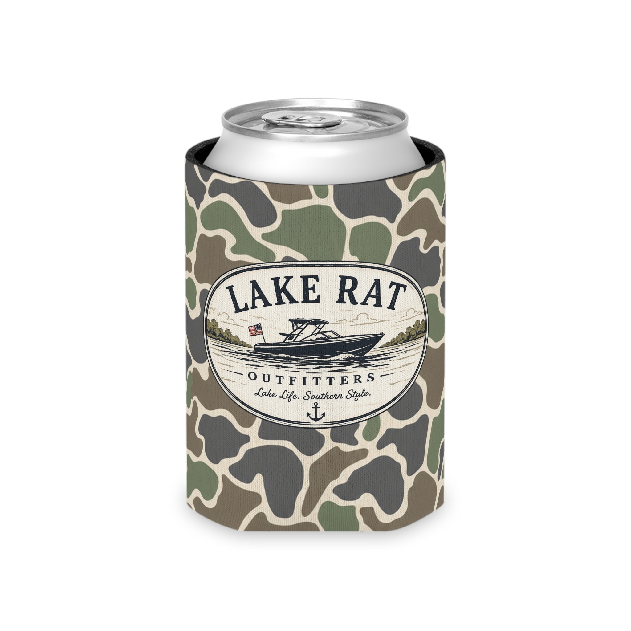 Lake Rat Can Cooler — Camo Boat Logo Beverage Koozie