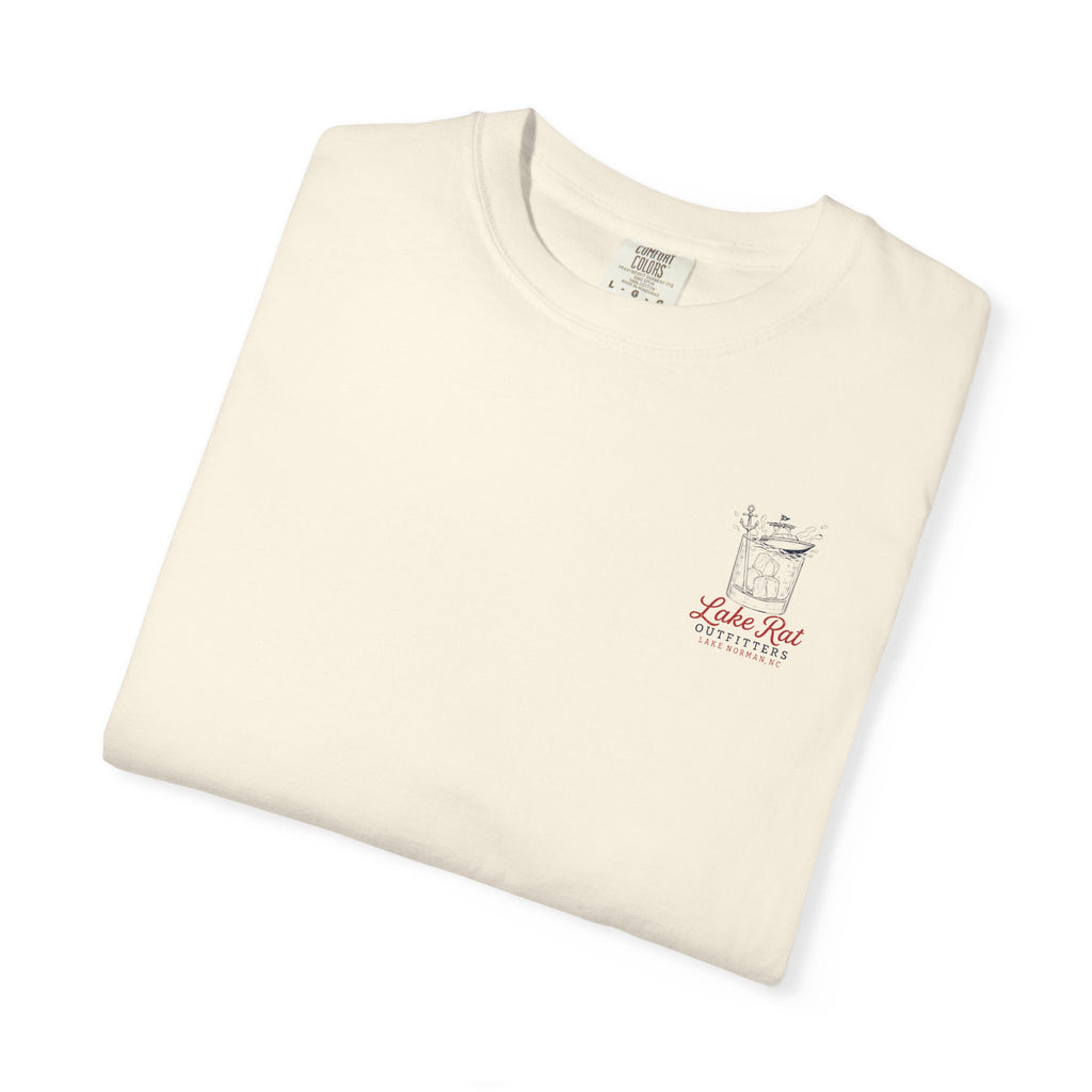 Lake Rat Outfitters T-Shirt — Nautical Boat Over Whiskey Glass Back Graphic