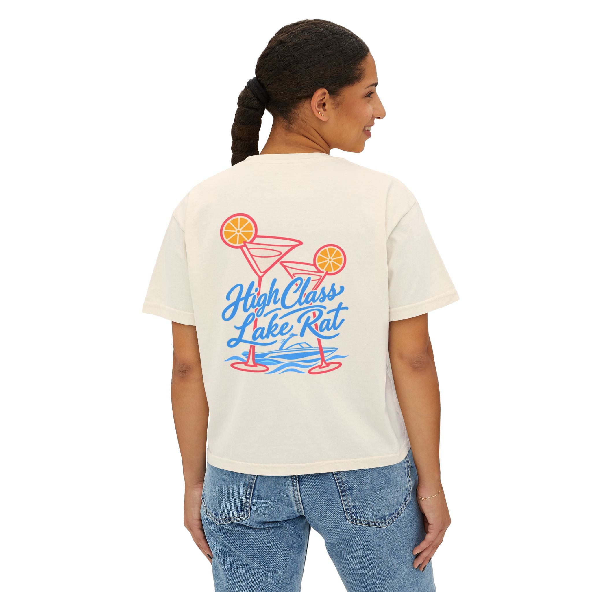 High Class Lake Rat Boxy Tee — Women's Crop T‑Shirt with Cocktail Lake Graphic