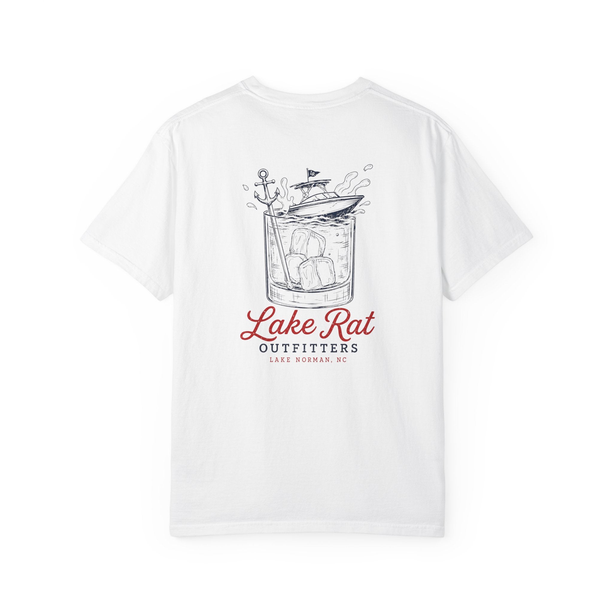 Lake Rat Outfitters T-Shirt — Nautical Boat Over Whiskey Glass Back Graphic