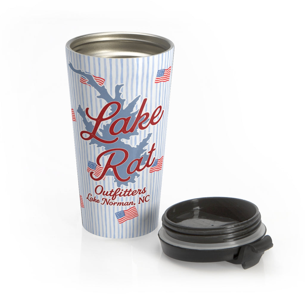 Lake Rat Outfitters Stainless Steel Travel Mug — Lake Norman, NC Americana Flag Design