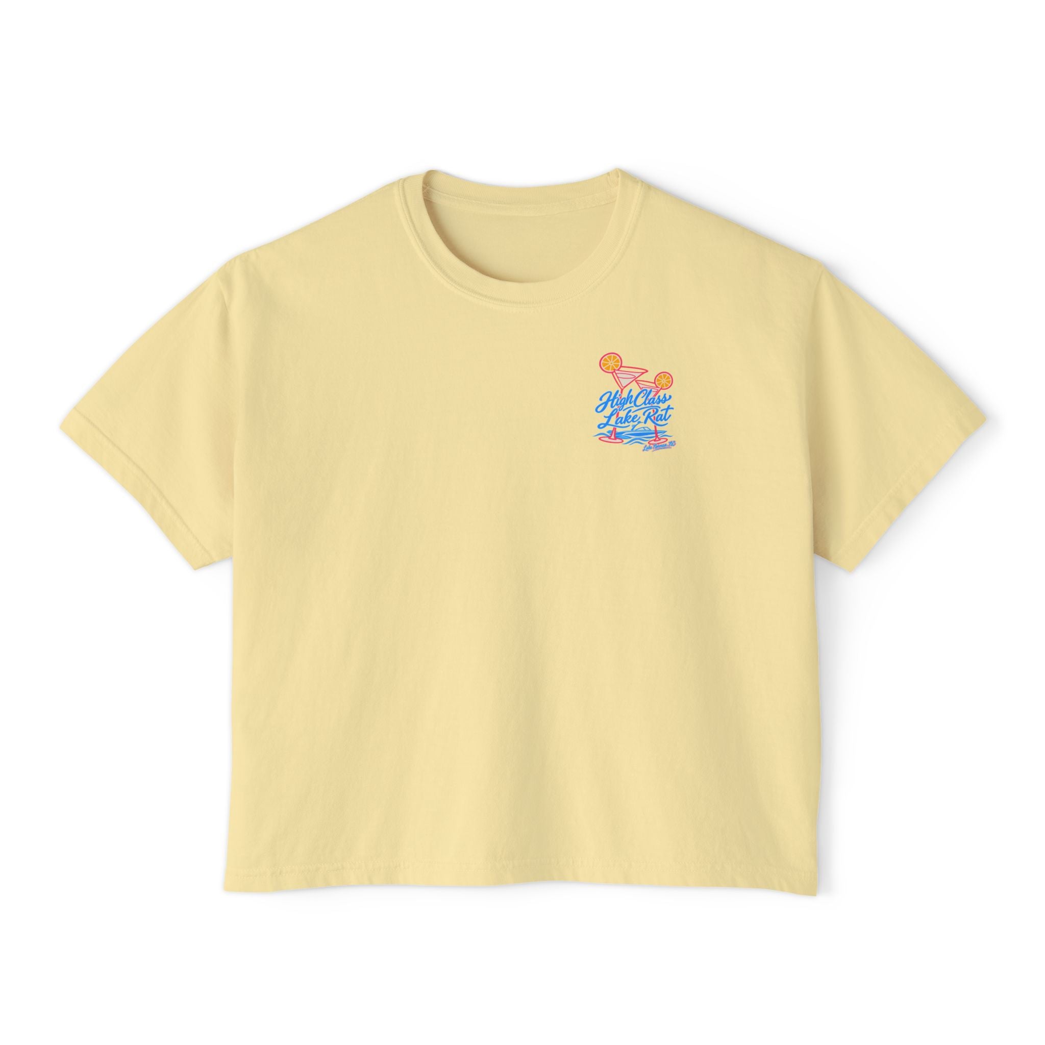 High Class Lake Rat Boxy Tee — Women's Crop T‑Shirt with Cocktail Lake Graphic