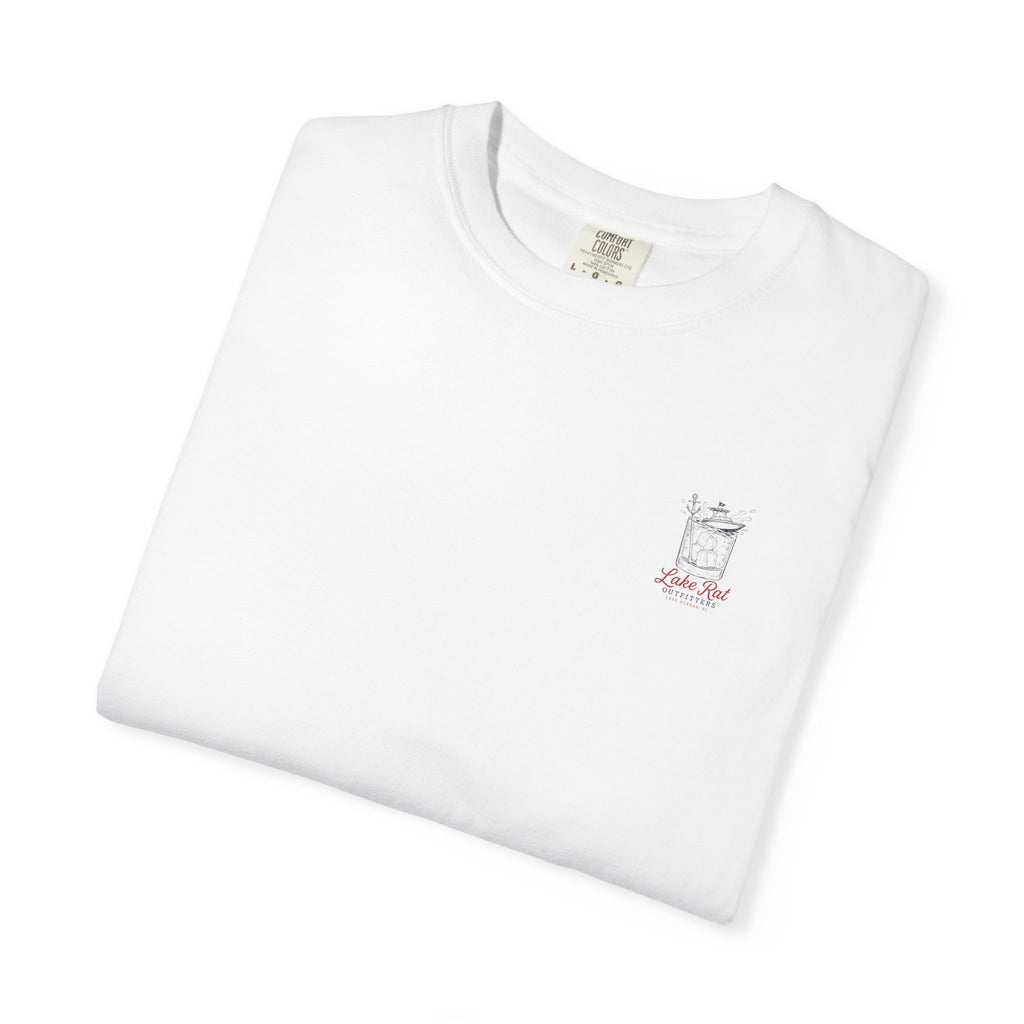 Lake Rat Outfitters T-Shirt — Nautical Boat Over Whiskey Glass Back Graphic