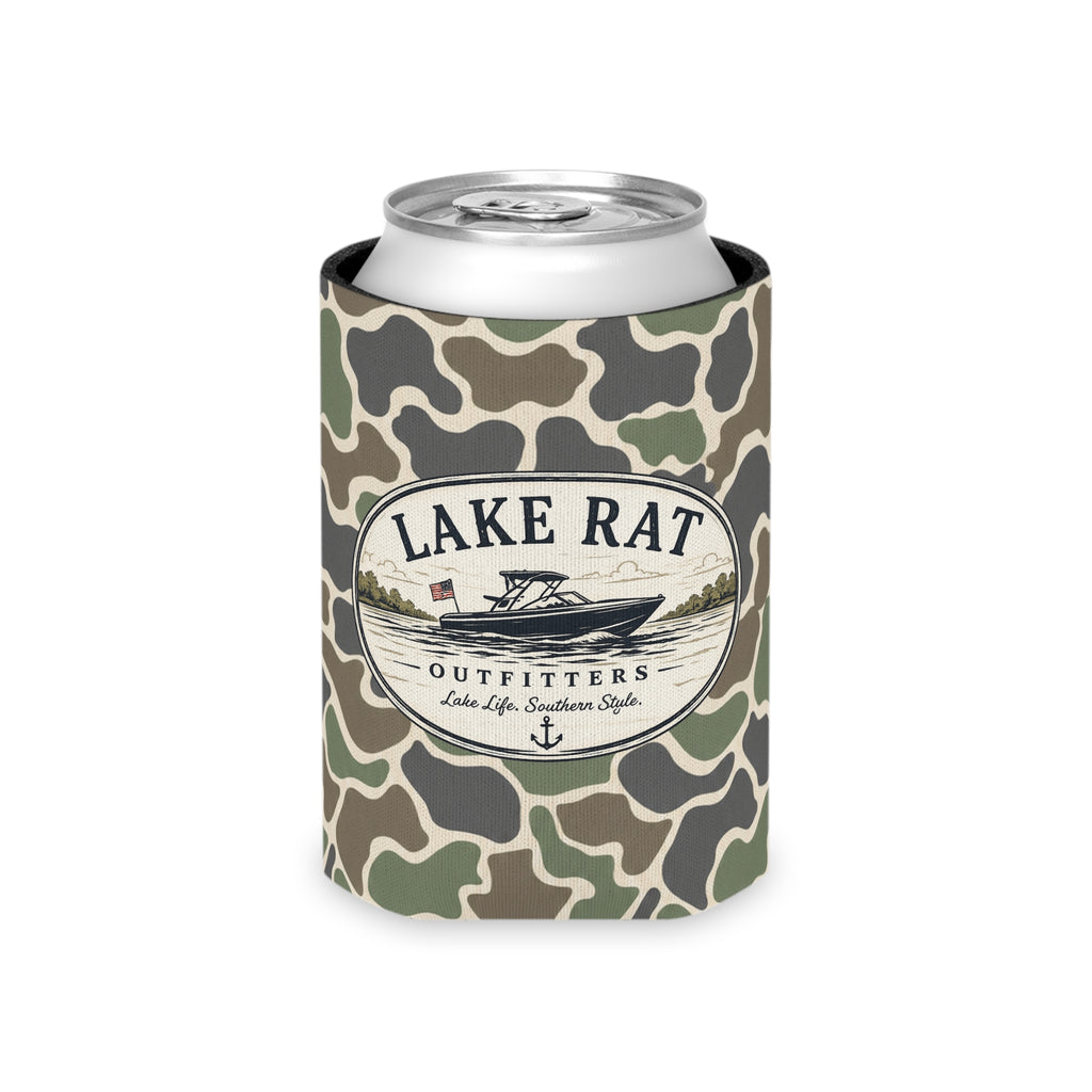 Lake Rat Can Cooler — Camo Boat Logo Beverage Koozie