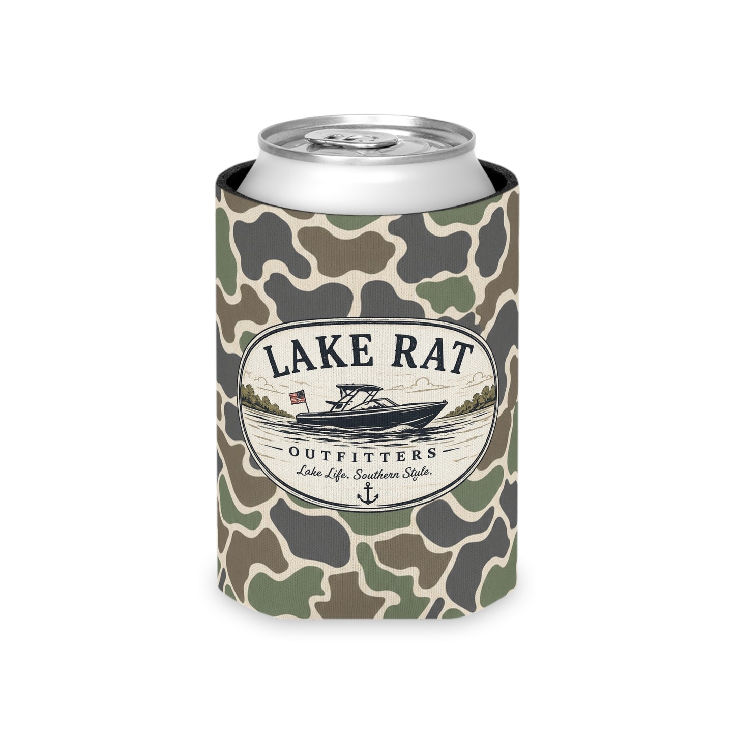 Lake Rat Can Cooler — Camo Boat Logo Beverage Koozie