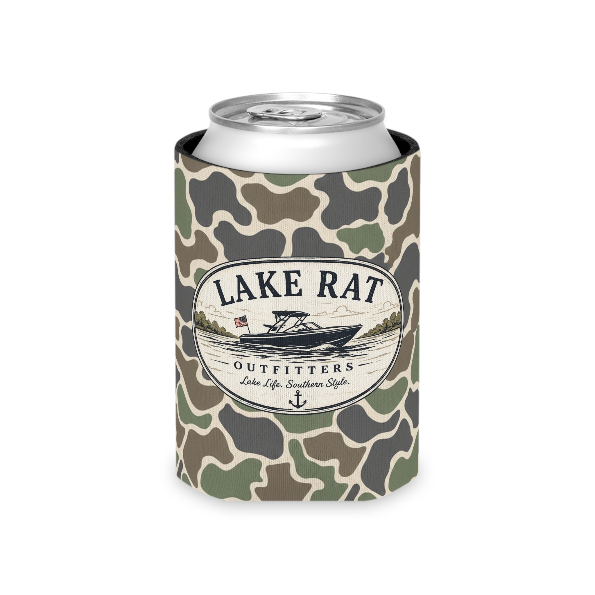 Lake Rat Can Cooler — Camo Boat Logo Beverage Koozie