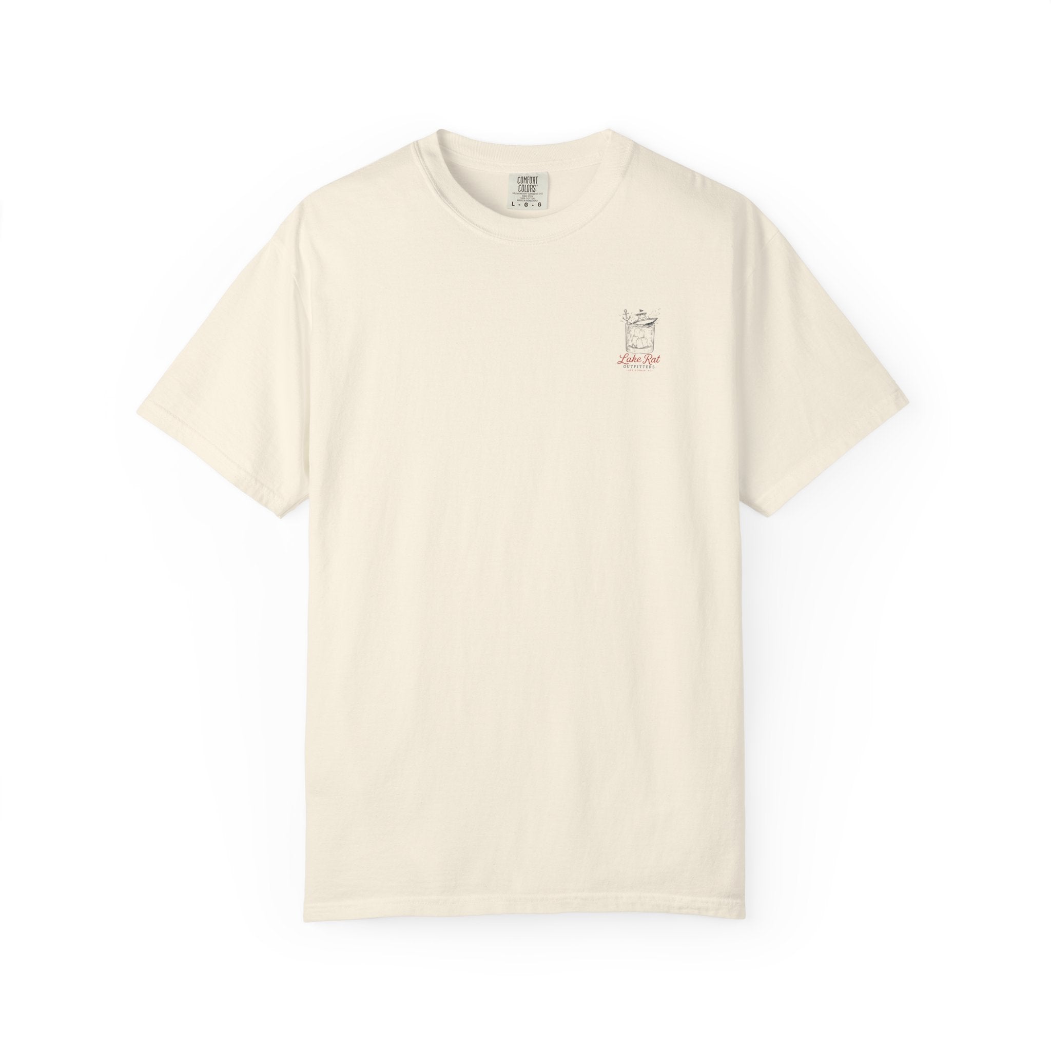 Lake Rat Outfitters T-Shirt — Nautical Boat Over Whiskey Glass Back Graphic