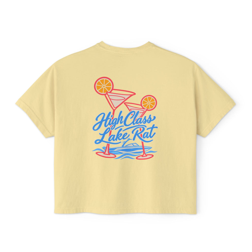 High Class Lake Rat Boxy Tee — Women's Crop T‑Shirt with Cocktail Lake Graphic
