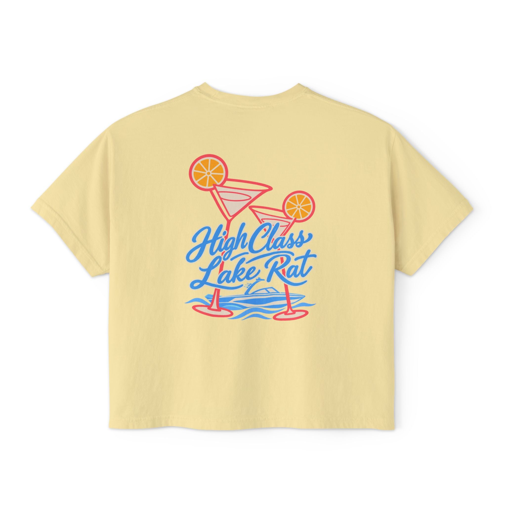 High Class Lake Rat Boxy Tee — Women's Crop T‑Shirt with Cocktail Lake Graphic