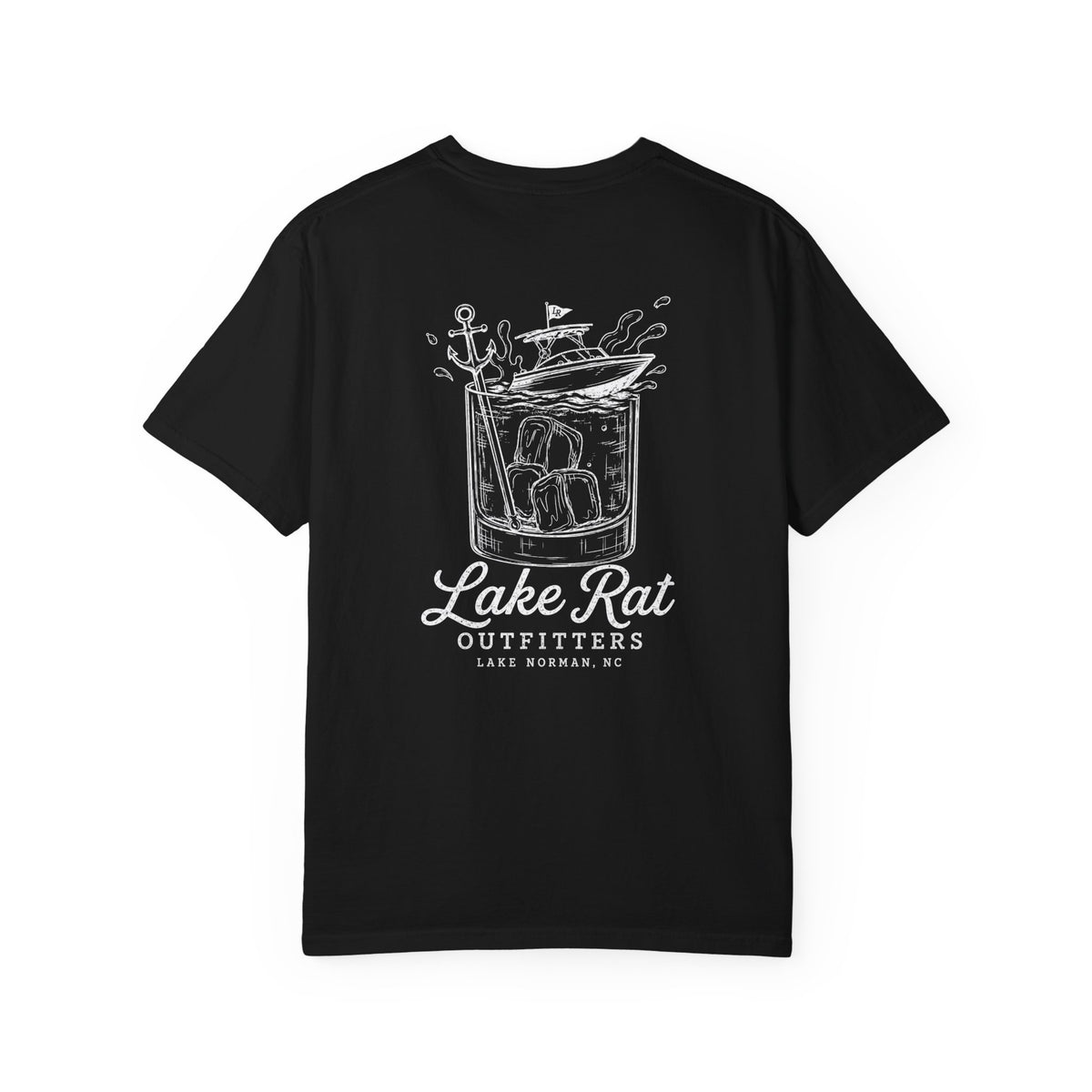 Lake Rat Outfitters T-Shirt — Nautical Boat Over Whiskey Glass Back Graphic
