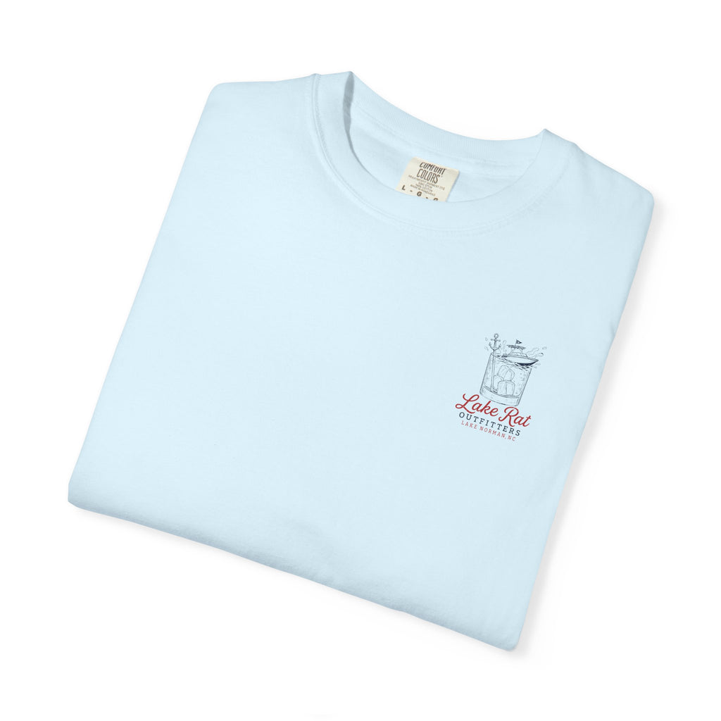 Lake Rat Outfitters T-Shirt — Nautical Boat Over Whiskey Glass Back Graphic