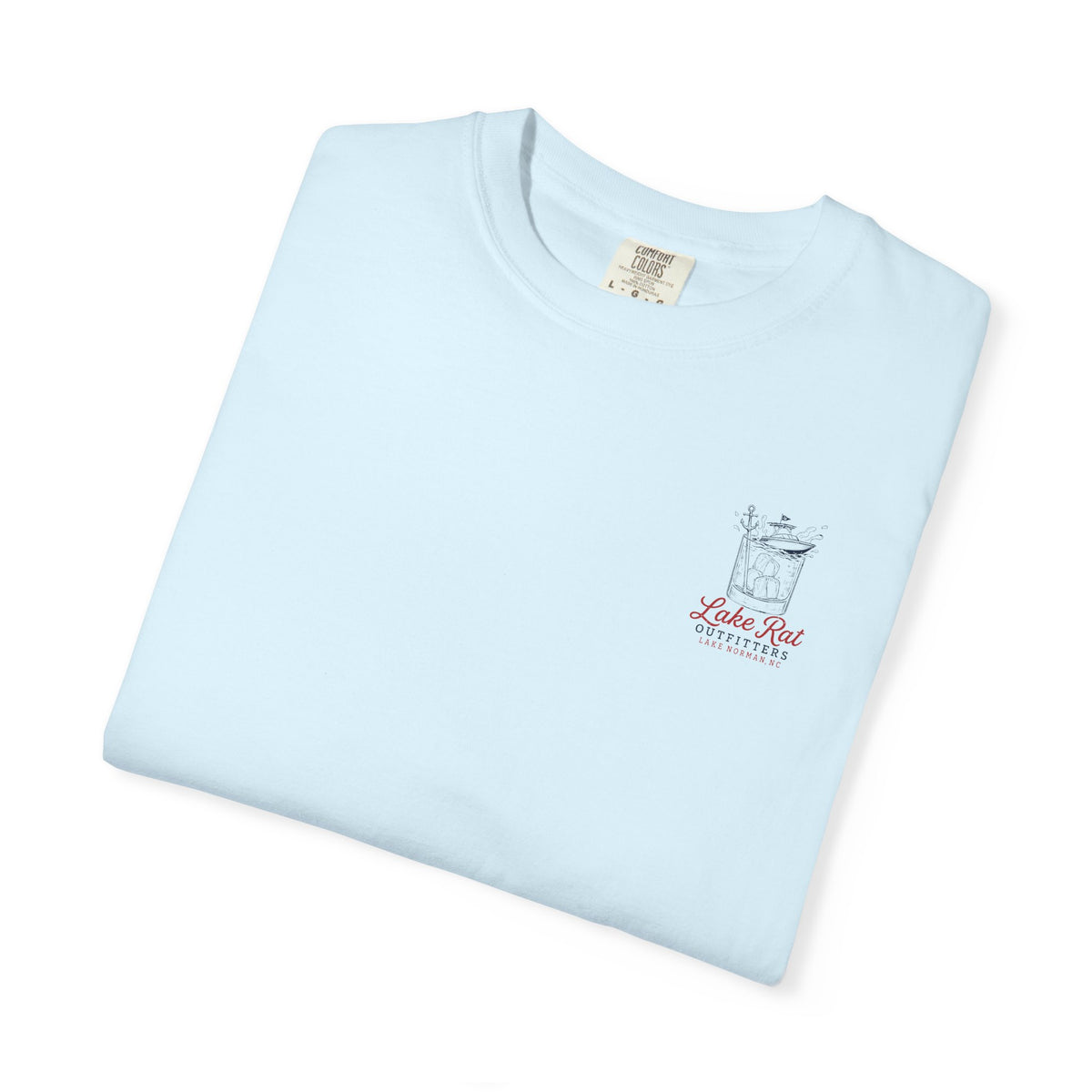 Lake Rat Outfitters T-Shirt — Nautical Boat Over Whiskey Glass Back Graphic