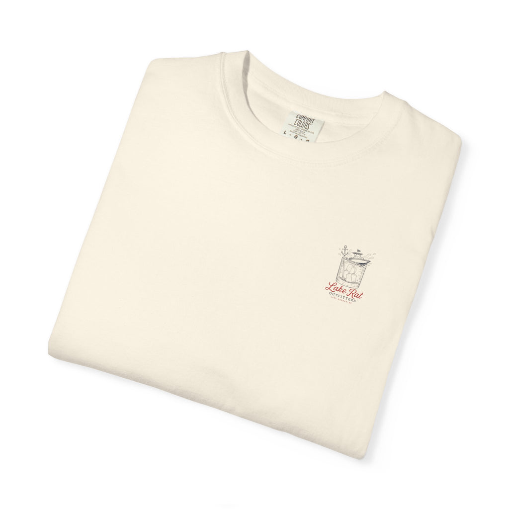 Lake Rat Outfitters T-Shirt — Nautical Boat Over Whiskey Glass Back Graphic