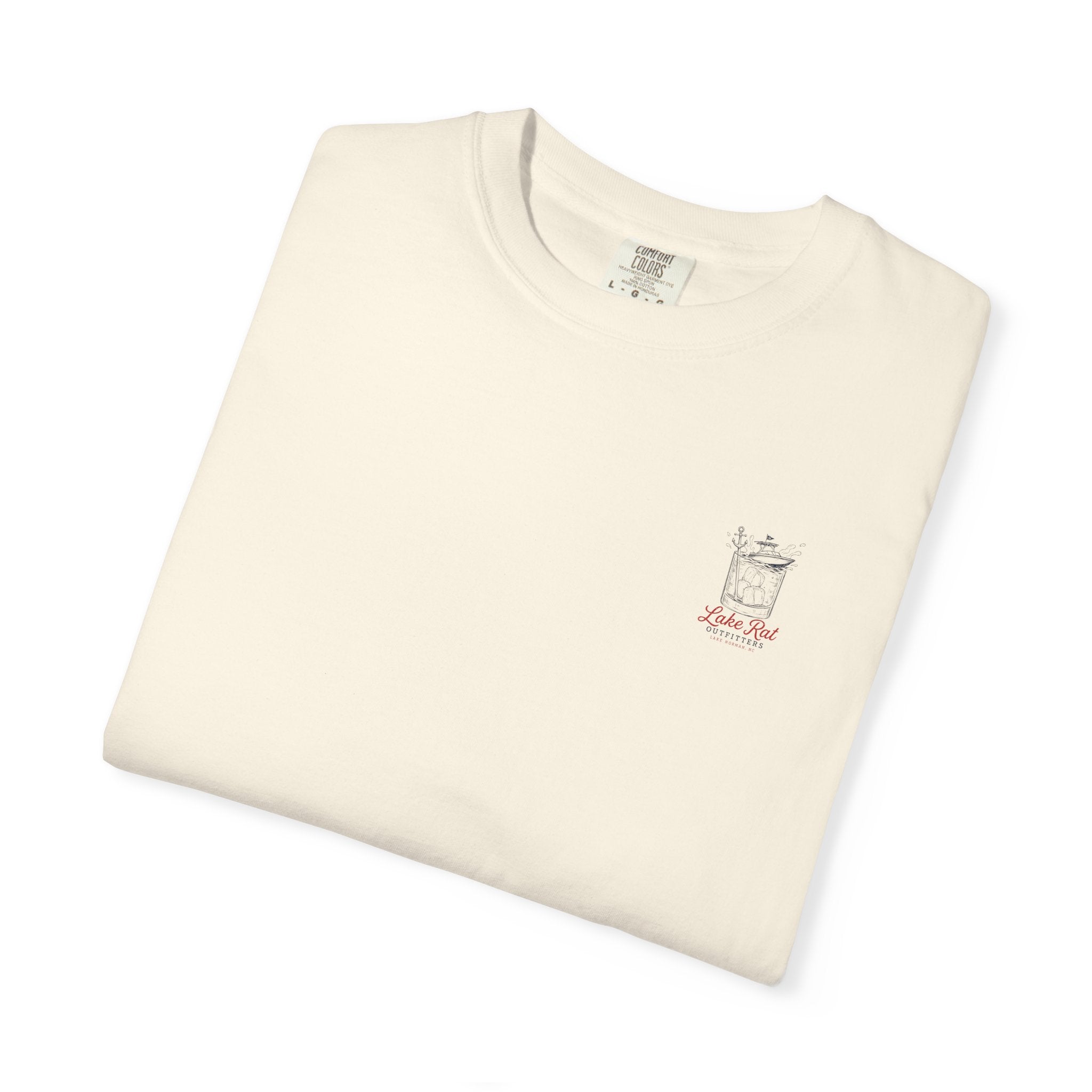 Lake Rat Outfitters T-Shirt — Nautical Boat Over Whiskey Glass Back Graphic