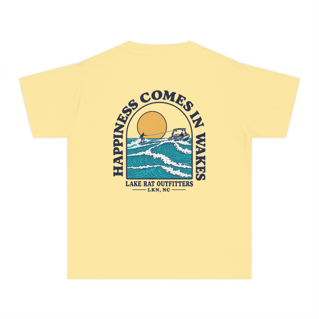 Youth Tee — 'Happiness Comes in Wakes' Lake Boat Surf Graphic