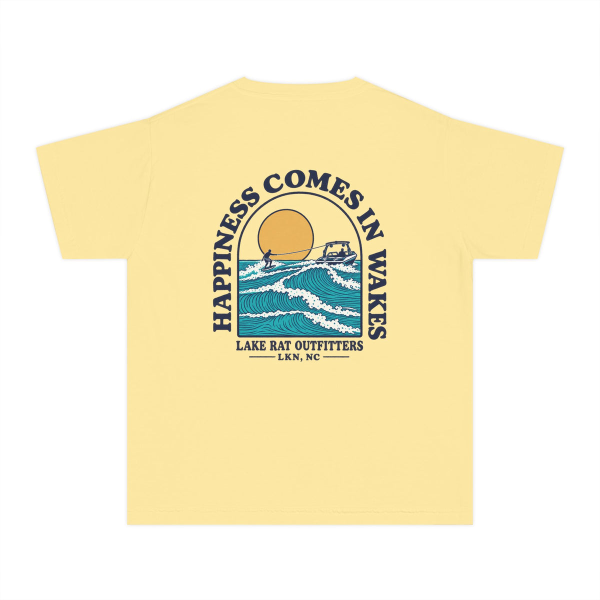 Youth Tee — 'Happiness Comes in Wakes' Lake Boat Surf Graphic
