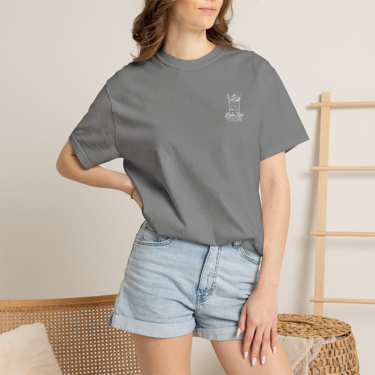 Lake Rat Outfitters T-Shirt — Nautical Boat Over Whiskey Glass Back Graphic