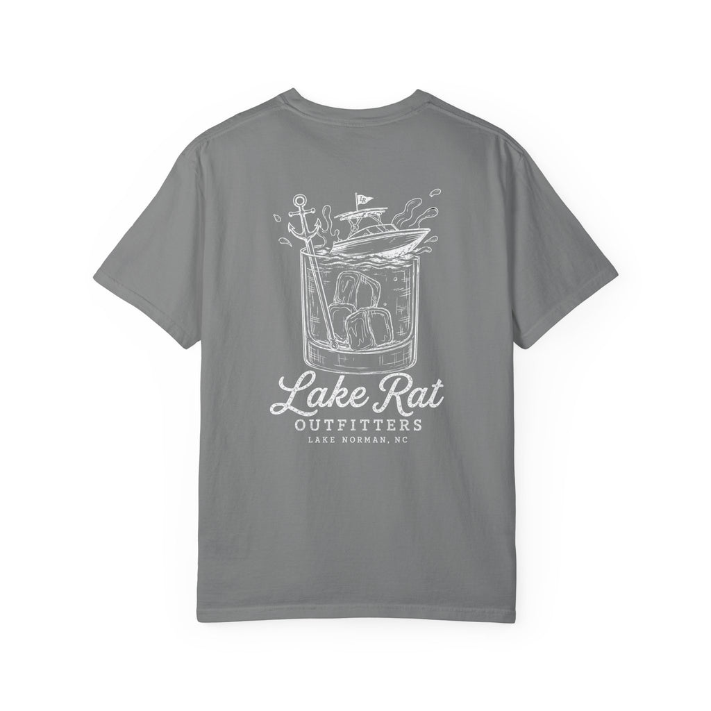 Lake Rat Outfitters T-Shirt — Nautical Boat Over Whiskey Glass Back Graphic