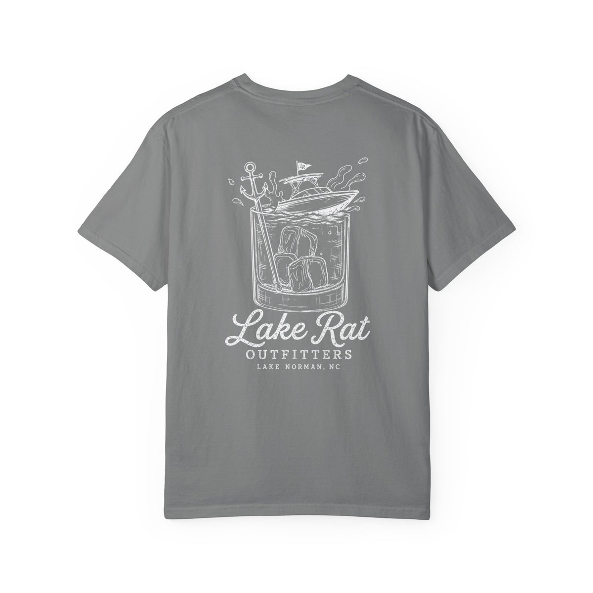 Lake Rat Outfitters T-Shirt — Nautical Boat Over Whiskey Glass Back Graphic