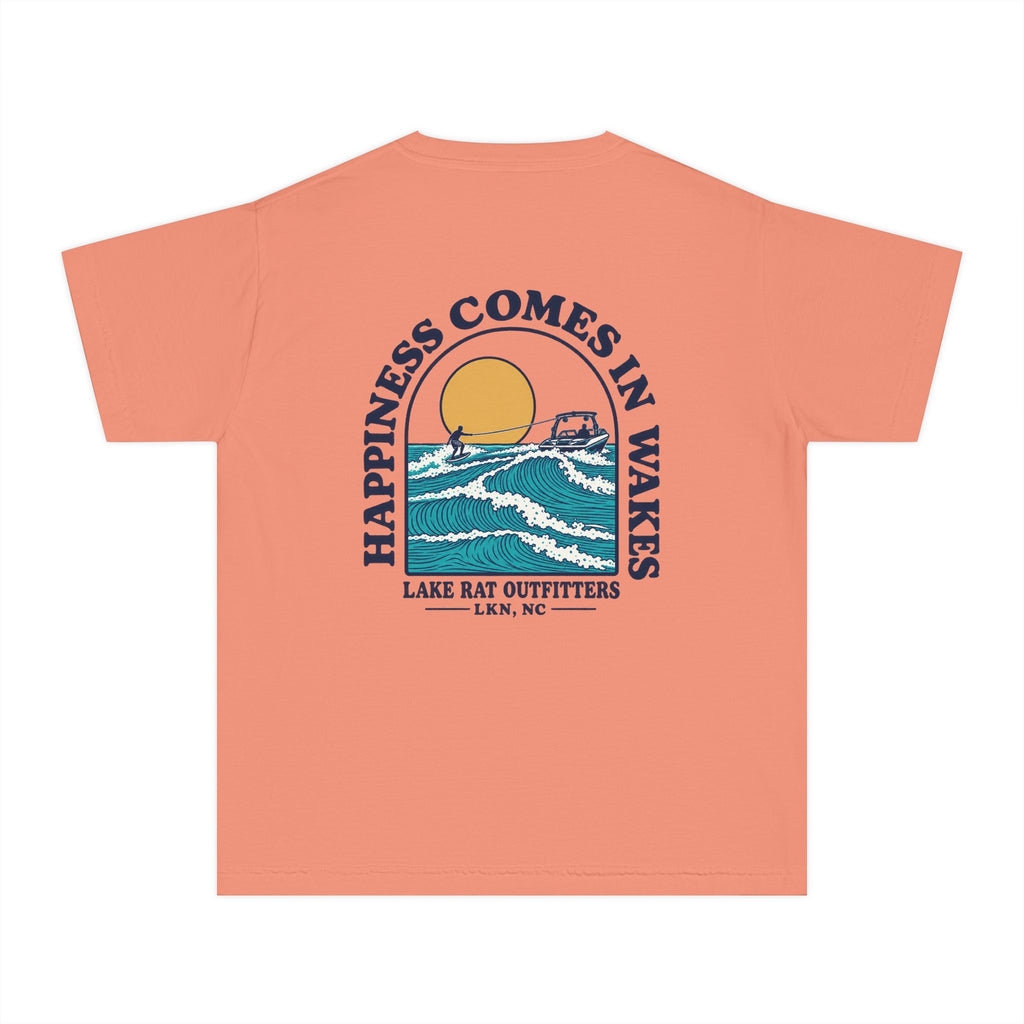 Youth Tee — 'Happiness Comes in Wakes' Lake Boat Surf Graphic